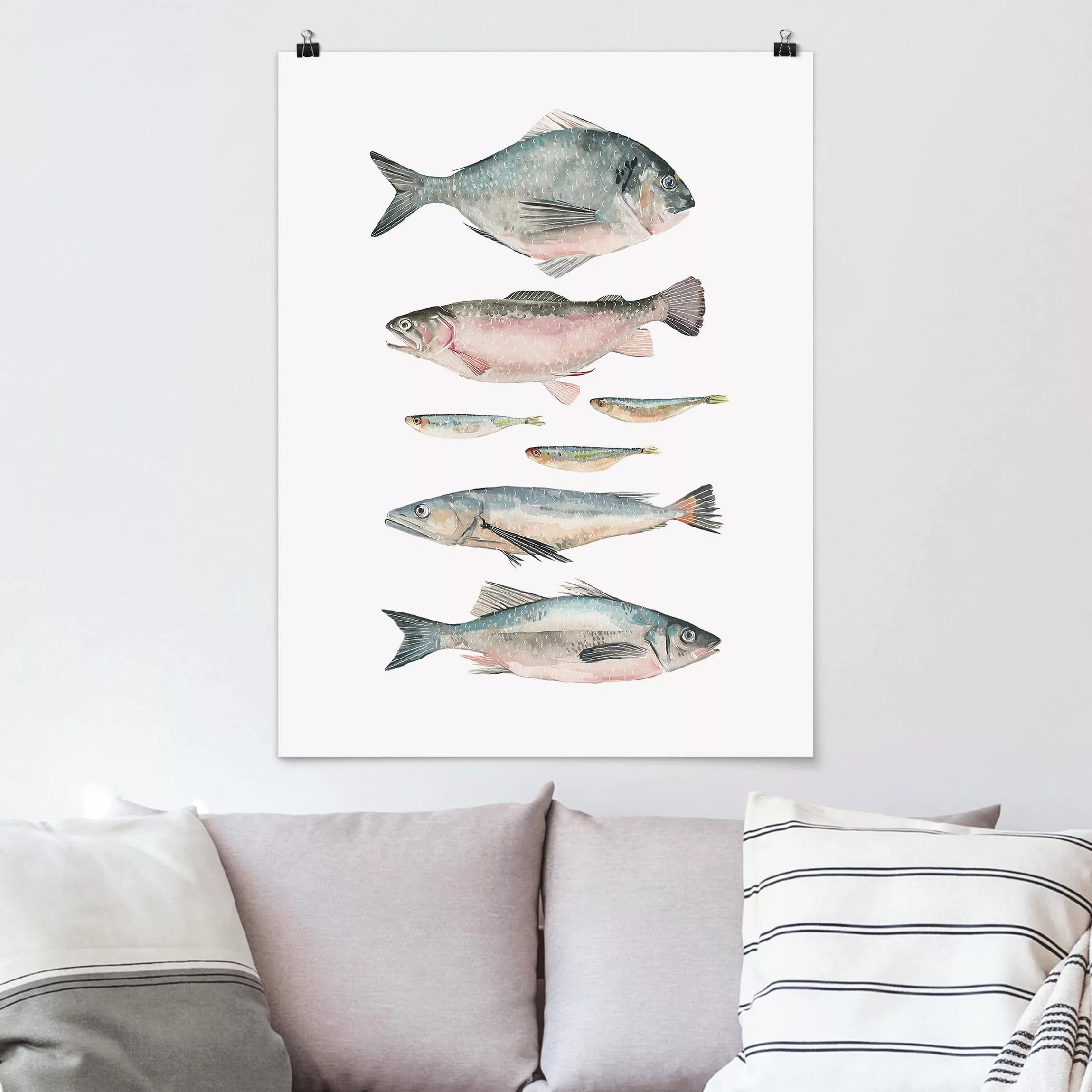 Poster Küche - Hochformat Sieben Fische in Aquarell II günstig online kaufen