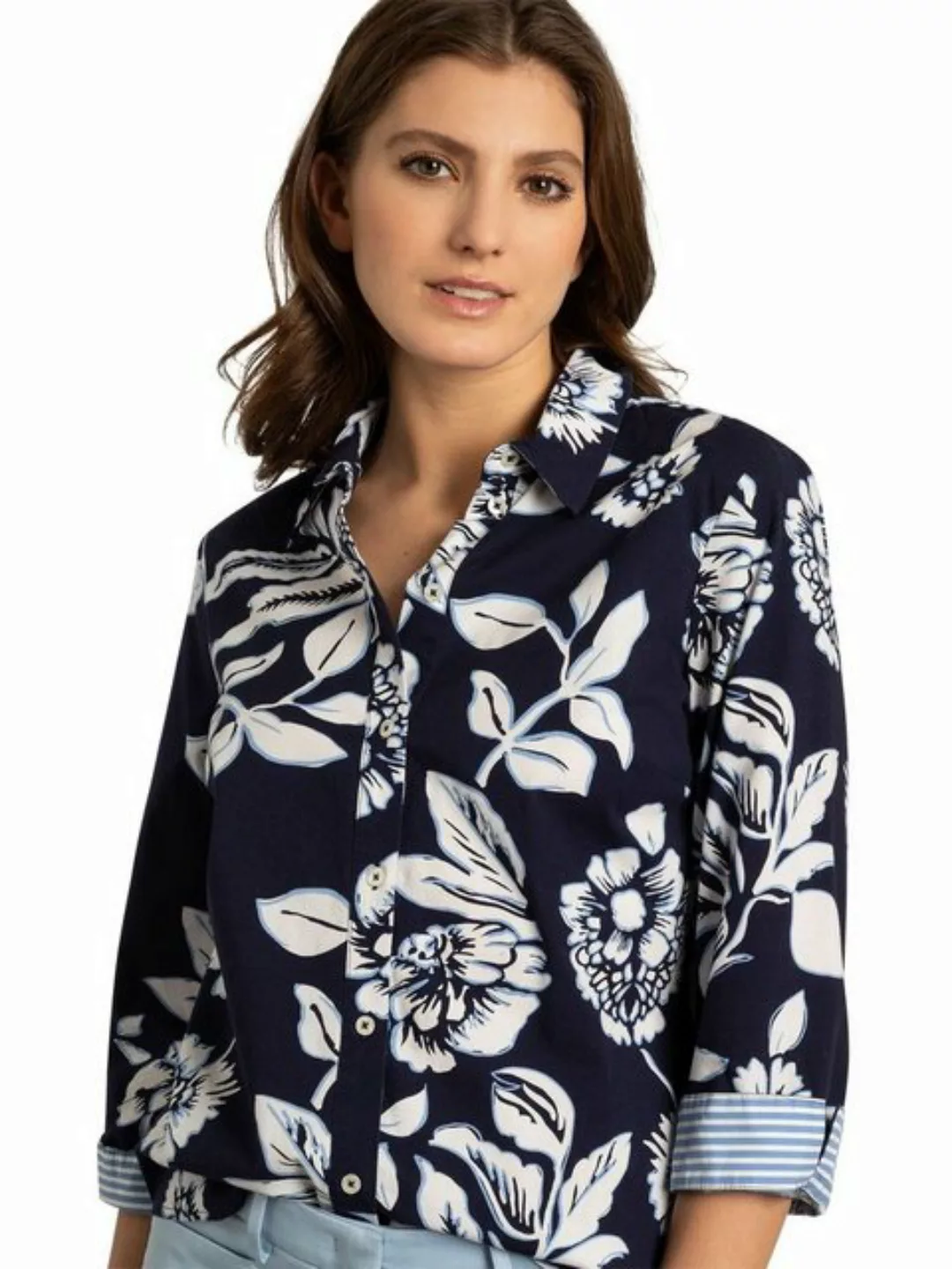 Hemdbluse, Flowerprint, marine/weiß, Frühjahrs-Kollektion günstig online kaufen