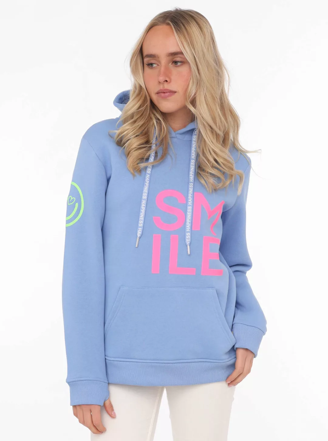 Zwillingsherz Sweatshirt mit "Smile"-Aufdruck in Neonfarben und gesticktem günstig online kaufen