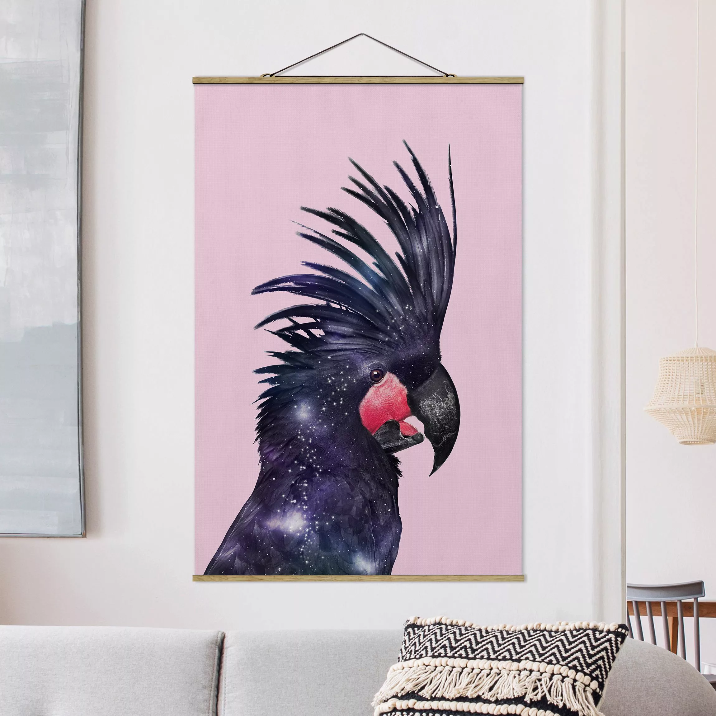 Stoffbild Tiere mit Posterleisten - Hochformat Kakadu mit Galaxie günstig online kaufen