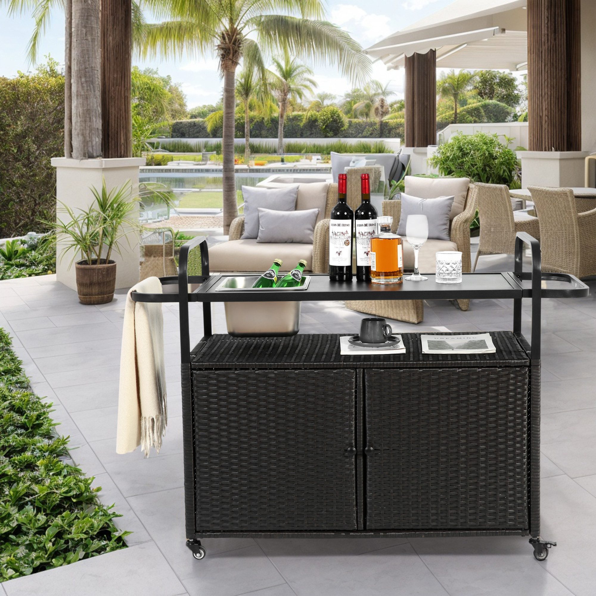OKWISH Servierwagen Außenstangentisch, Wicker Bar Cart günstig online kaufen