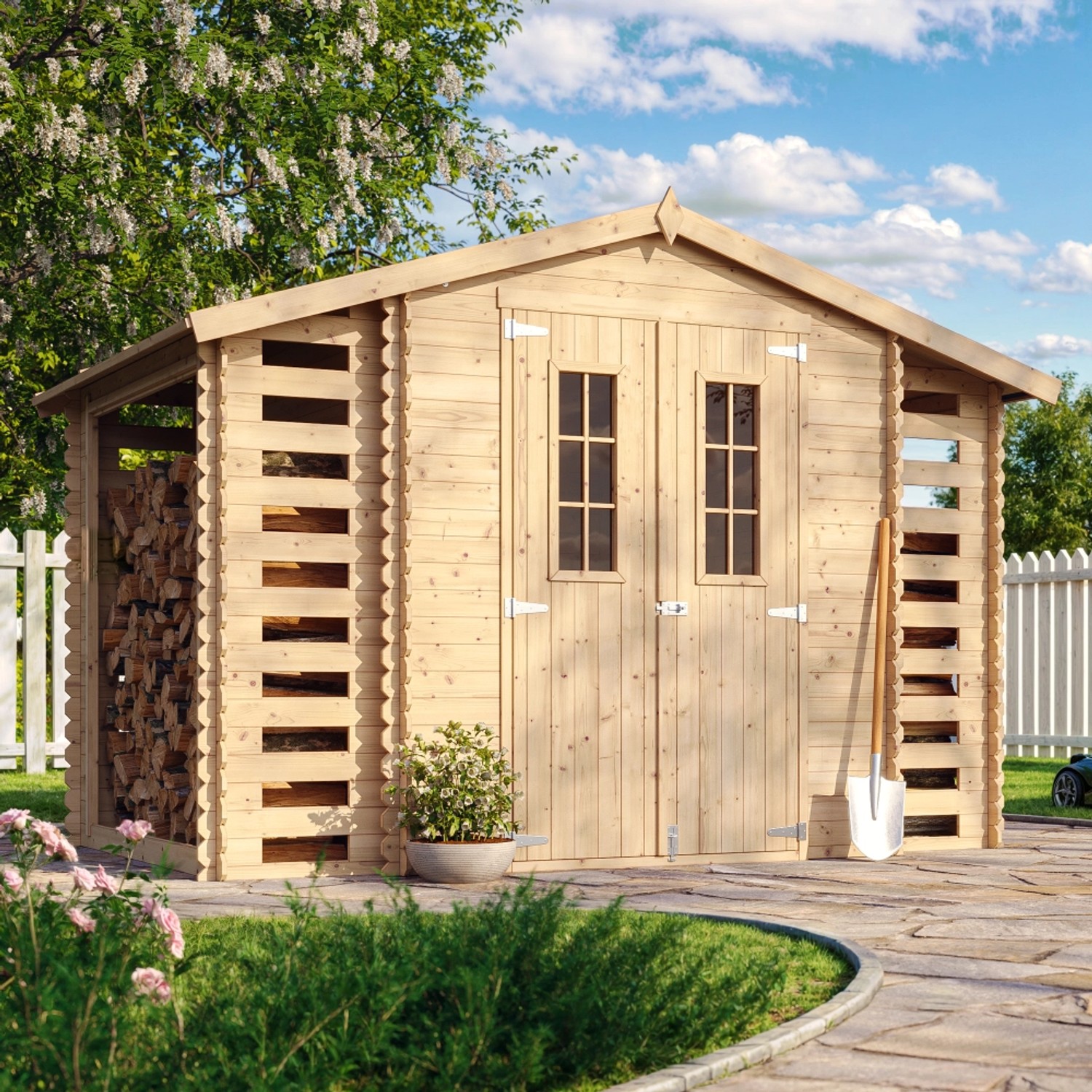 Timbela Holz-Gartenhaus M391C+M391G mit Boden Beige Braun 5,47 m² FSC® günstig online kaufen