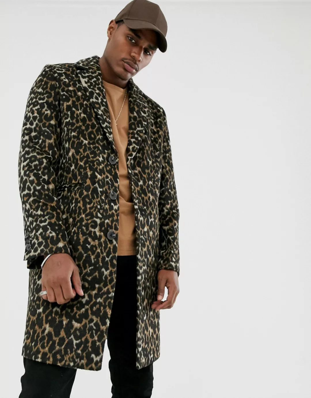 ASOS DESIGN – Mantel aus Wollmischung mit Leopardenprint-Schwarz günstig online kaufen