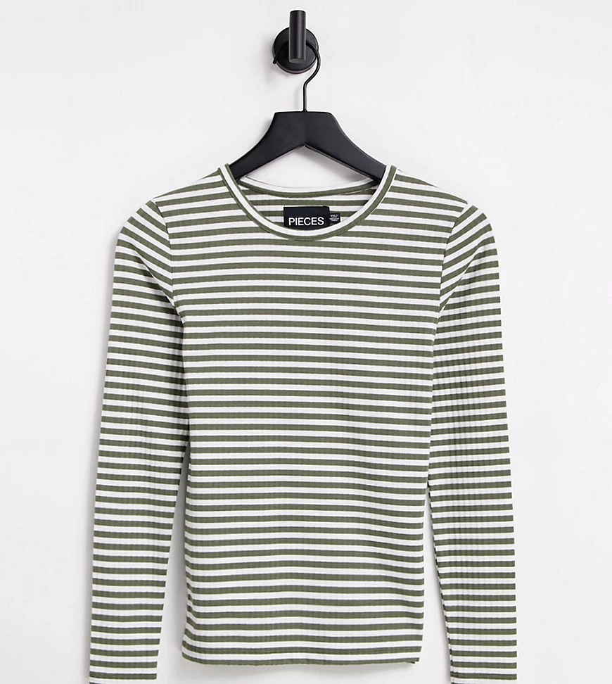 Pieces Petite – Langärmliges Shirt in Khaki gestreift-Mehrfarbig günstig online kaufen