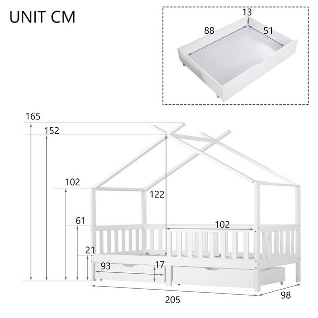 MODFU Kinderbett Kiefernholz Kinderbett (200x90cm, ohne Matratze, 2 Schubla günstig online kaufen