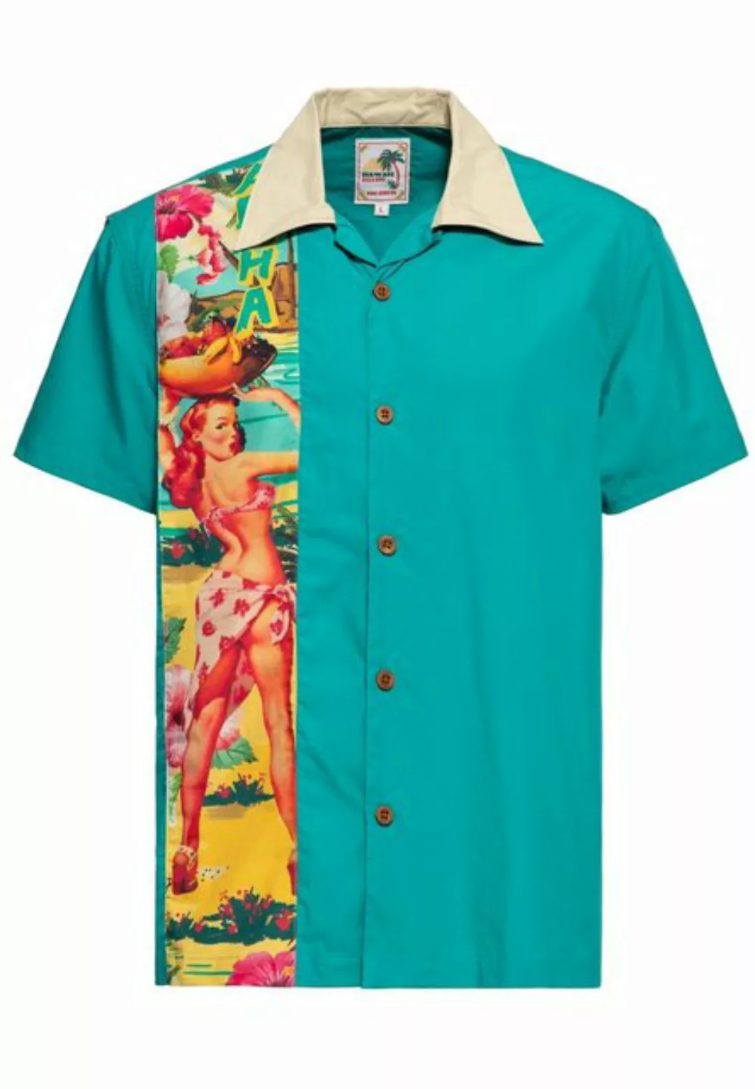 KingKerosin Kurzarmhemd Pin-Up Hawaii mit seitlichem Pin-Up Motiv günstig online kaufen