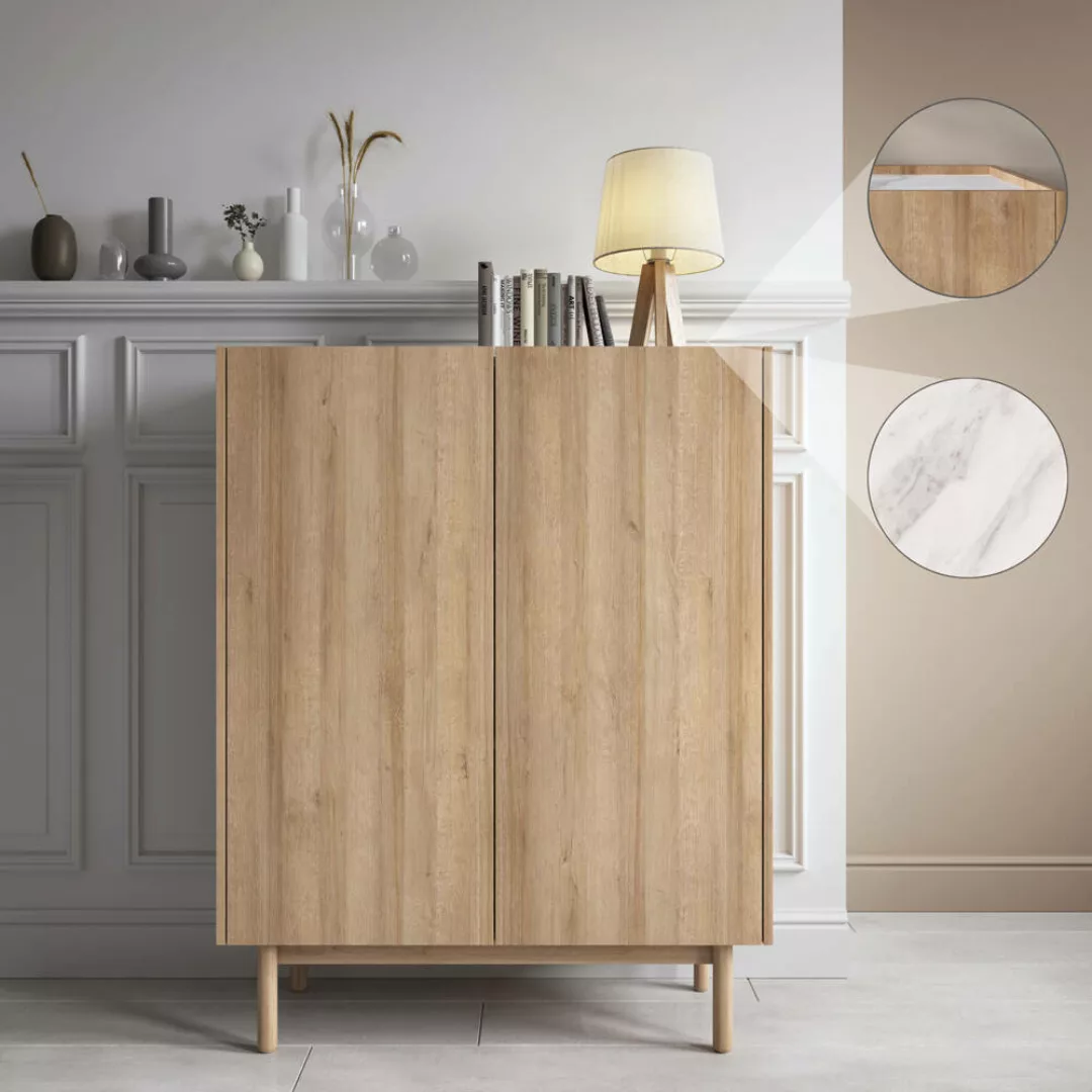 Highboard in Eiche mit Marmor weiß BILLUND-160 Boho Style günstig online kaufen