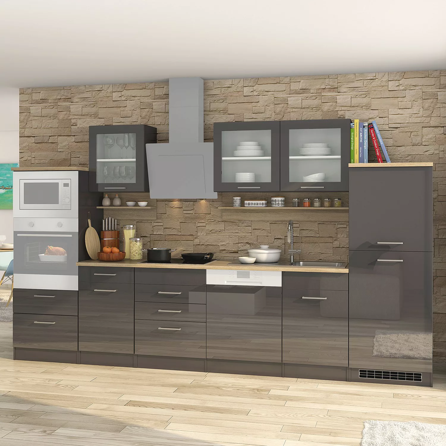 Held Möbel Küchenzeile Mailand 340 cm Grau Hochglanz-Grau Matt ohne E-Gerät günstig online kaufen