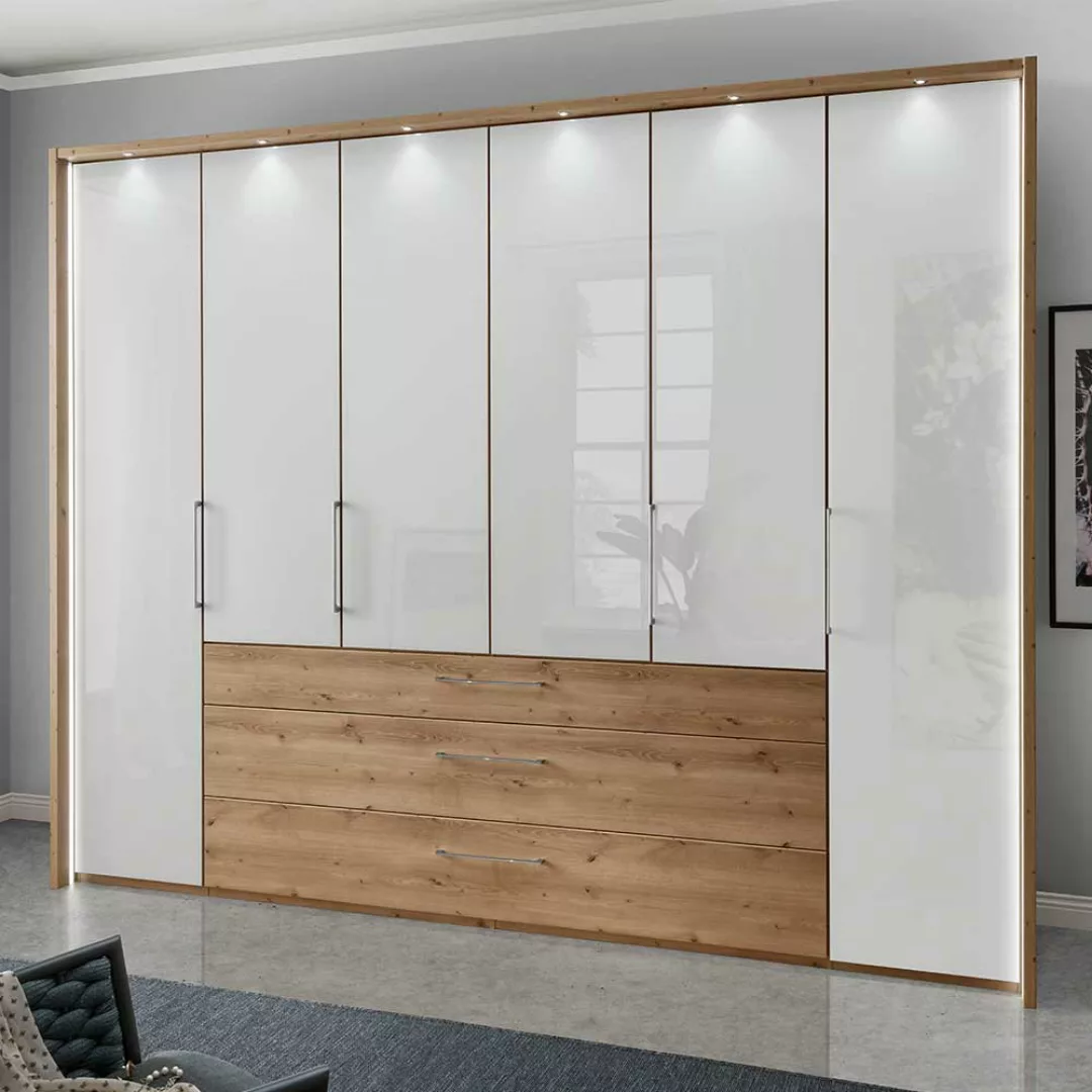 XXL Schlafzimmerschrank in Eiche Bianco Weiß Glasfront günstig online kaufen