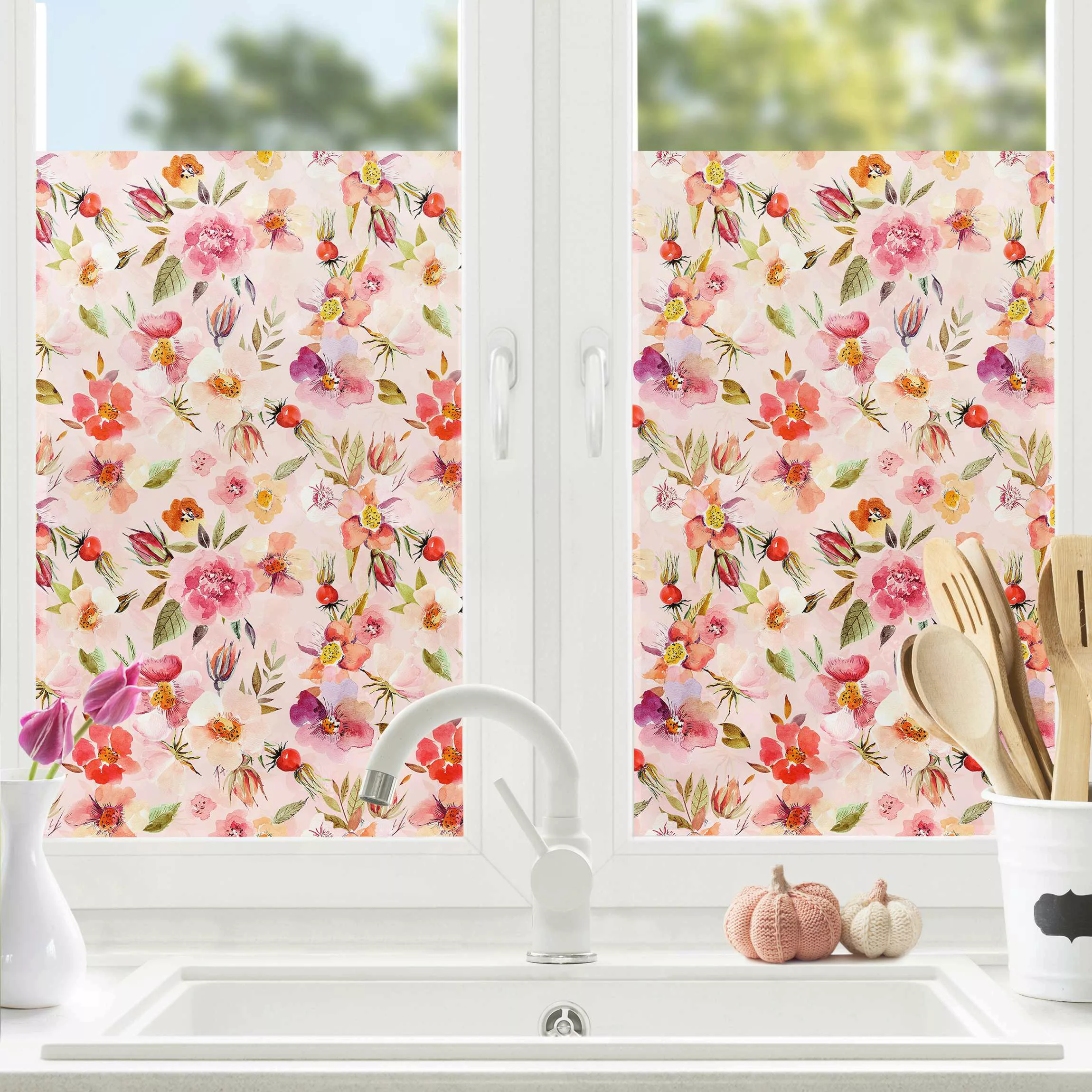 Fensterfolie Aquarellierte Blumen auf Rosa günstig online kaufen