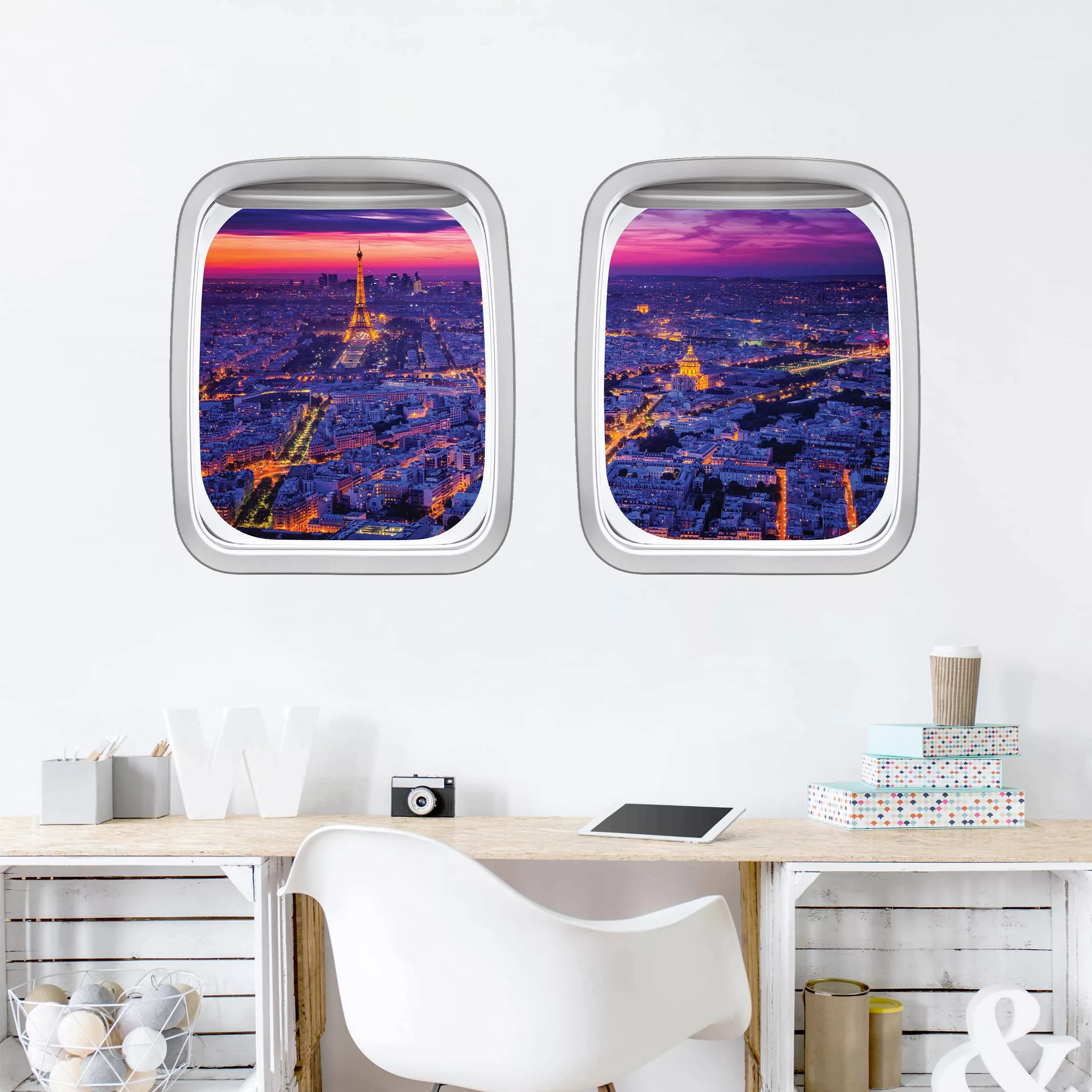 3D Wandtattoo Doppelfenster Flugzeug Paris bei Nacht günstig online kaufen