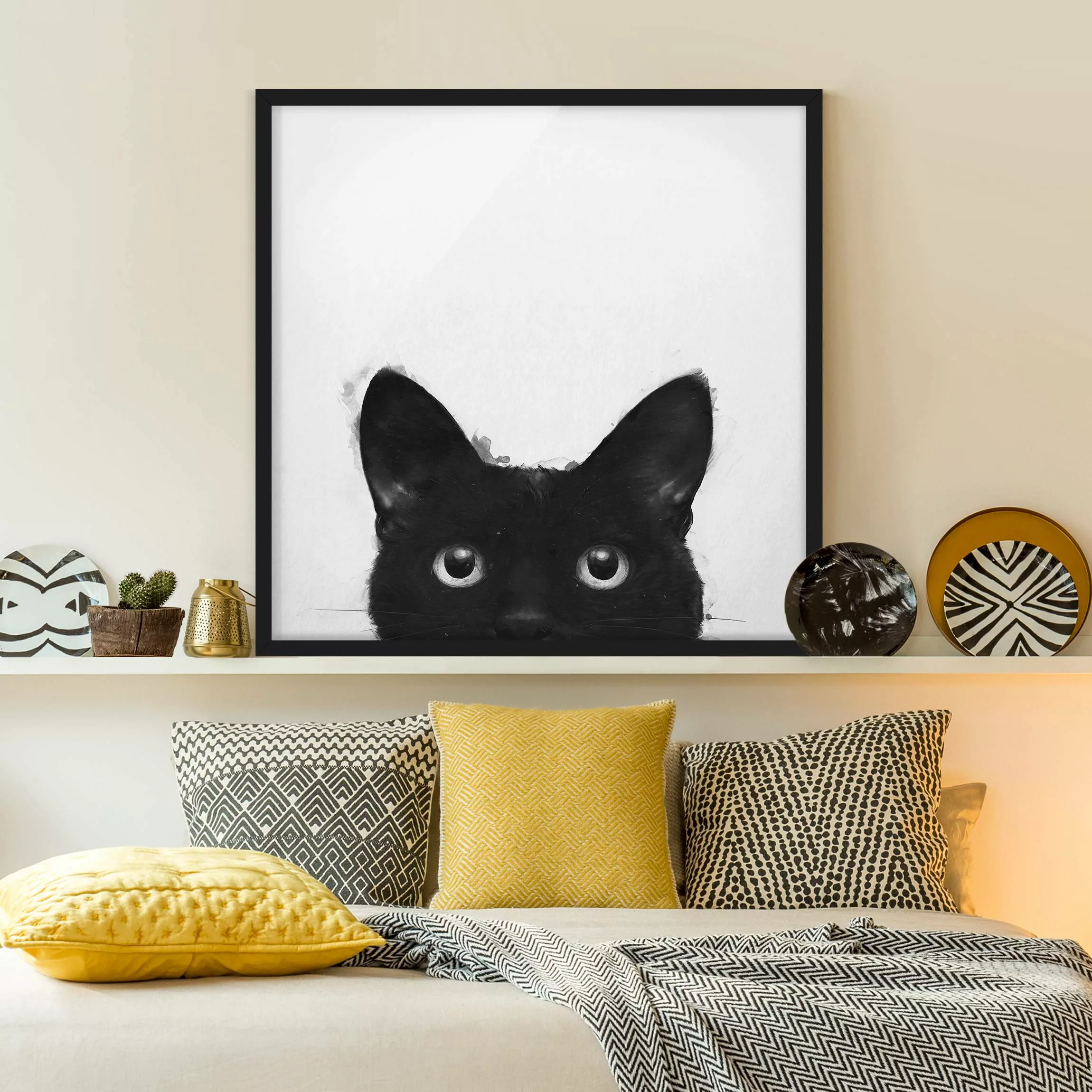 Bild mit Rahmen Tiere - Quadrat Illustration Schwarze Katze auf Weiß Malere günstig online kaufen