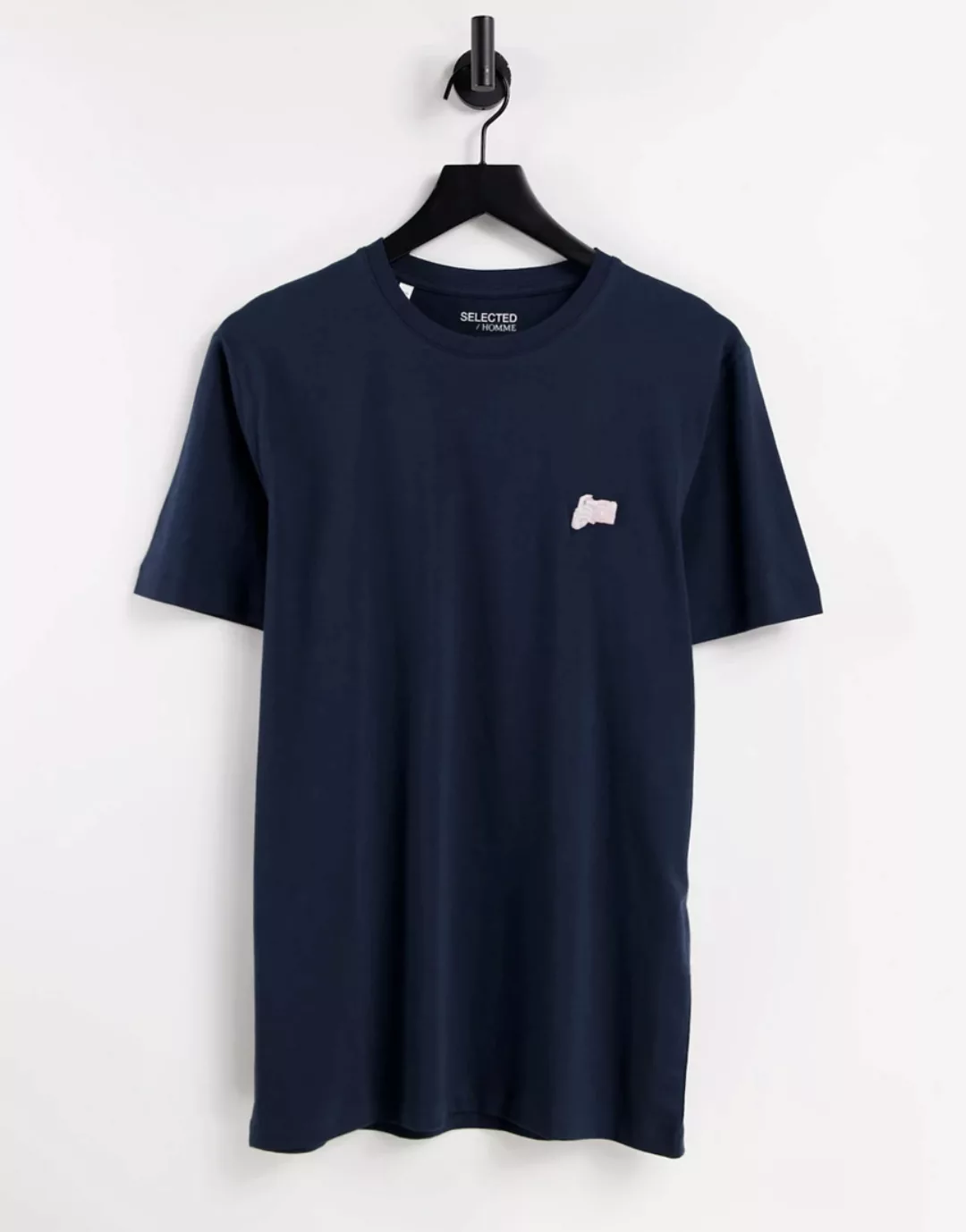 Selected Homme – T-Shirt aus Bio-Baumwolle in Navy mit aufgesticktem Kamera günstig online kaufen