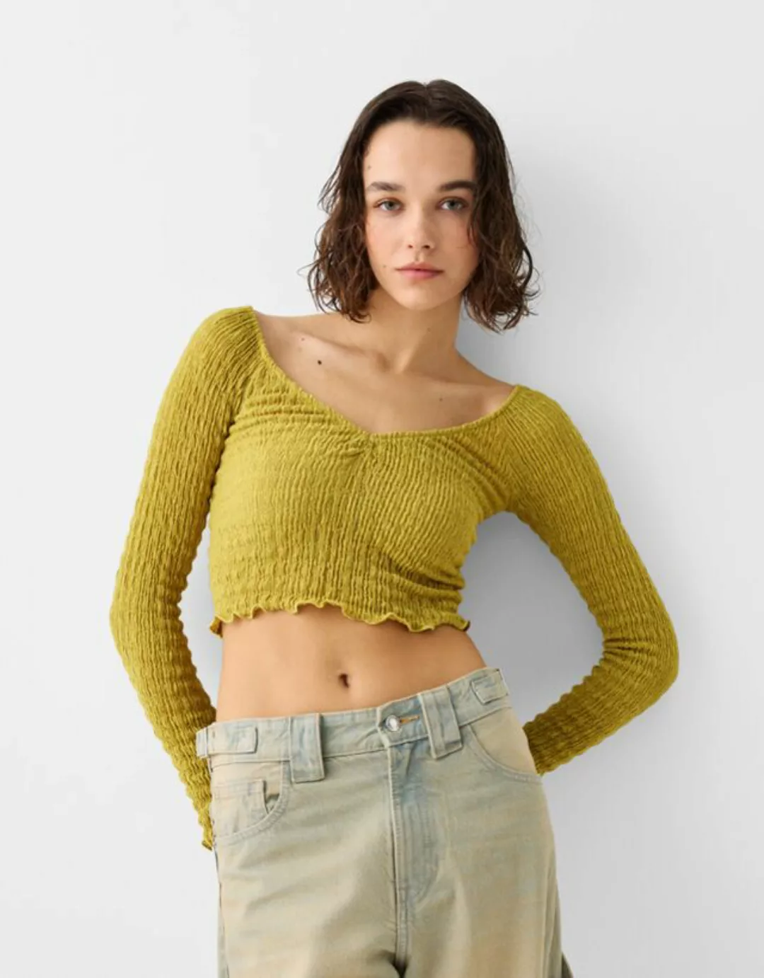 Bershka Pullover Aus Waffelgewebe Mit V-Ausschnitt Damen S Grün günstig online kaufen