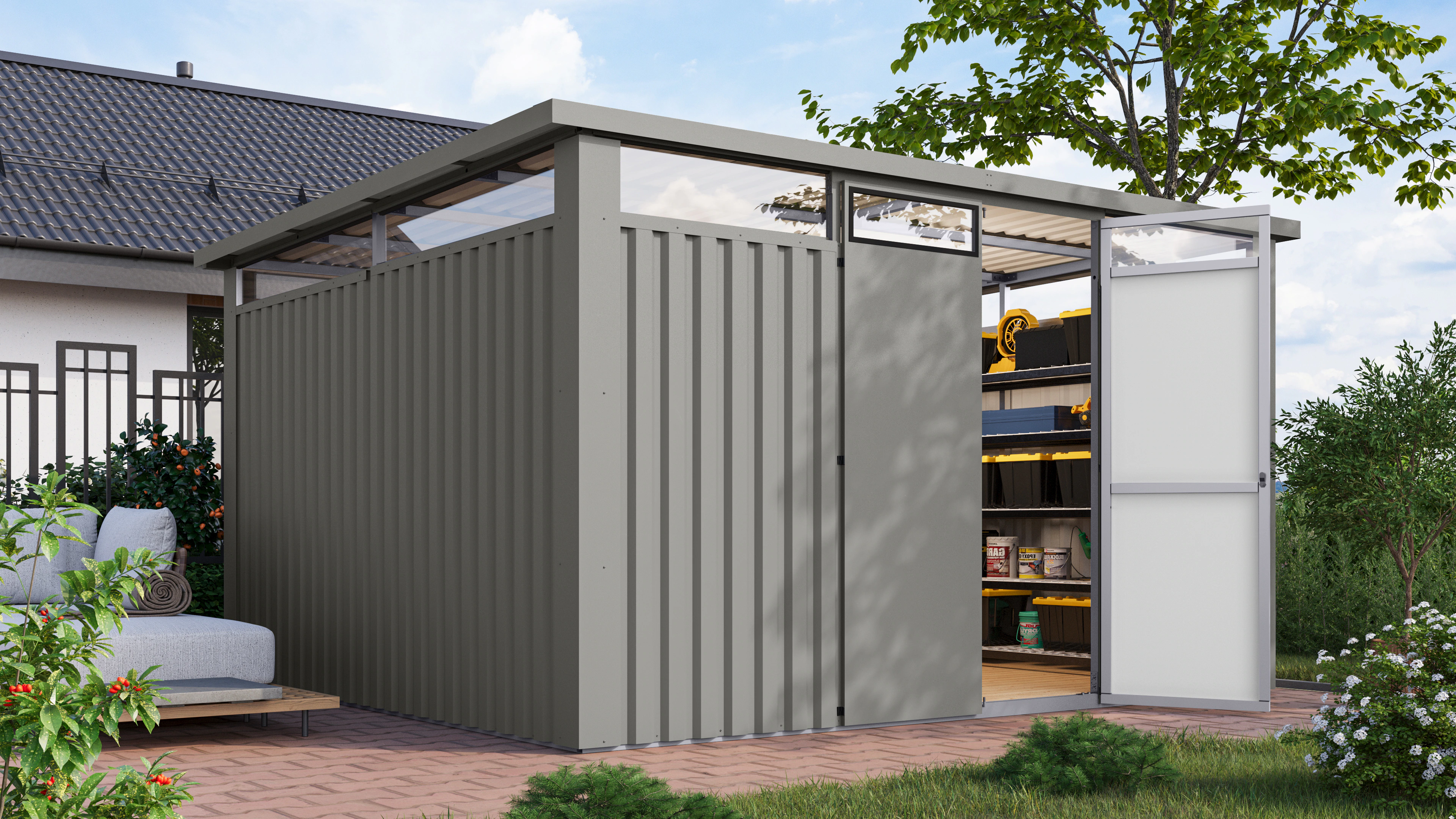 Karibu Gartenhaus "Østen 4, aus Metall, mit Lichtband aus Kunststoff", in v günstig online kaufen