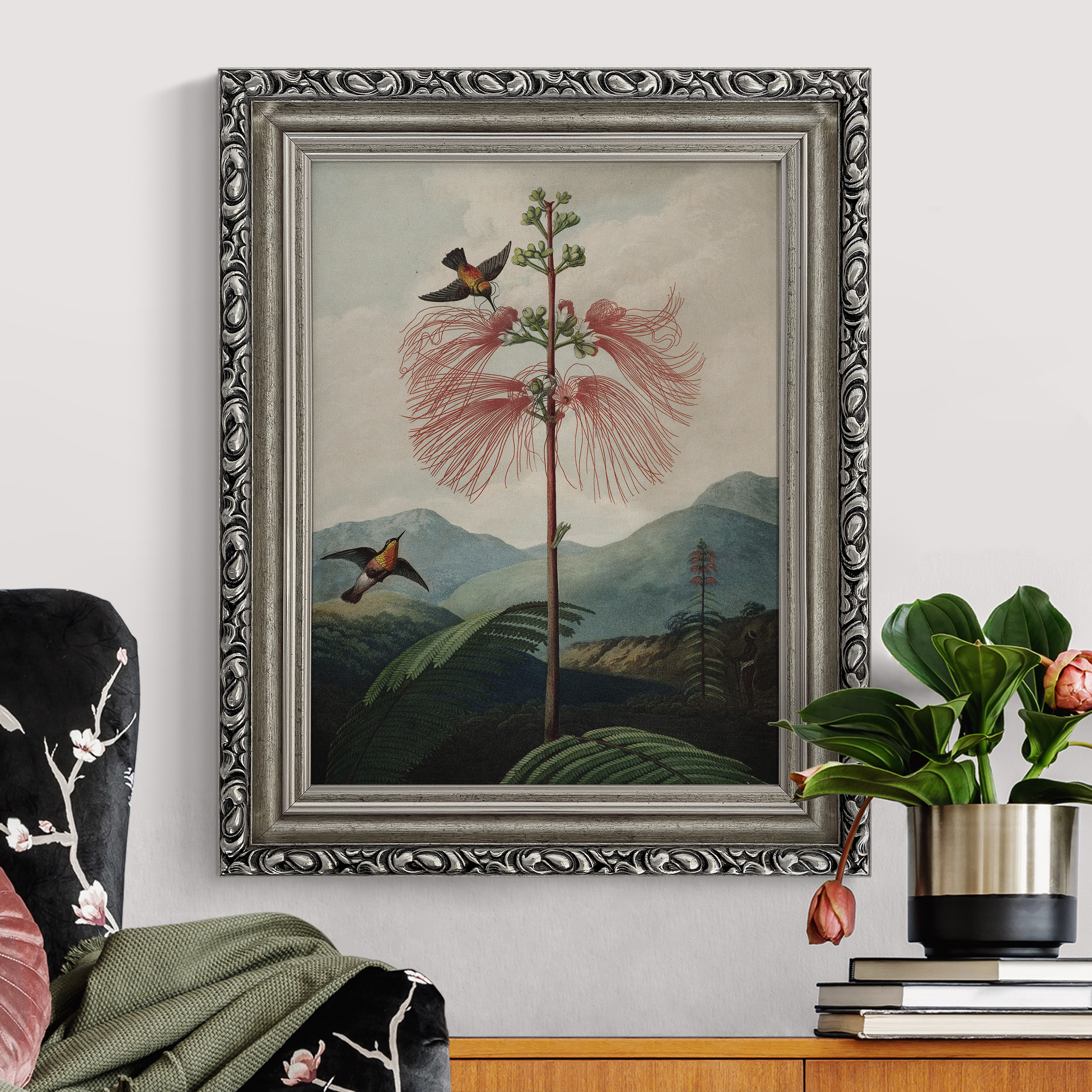 Gerahmtes Leinwandbild Botanik Vintage Illustration Blüte und Kolibri günstig online kaufen