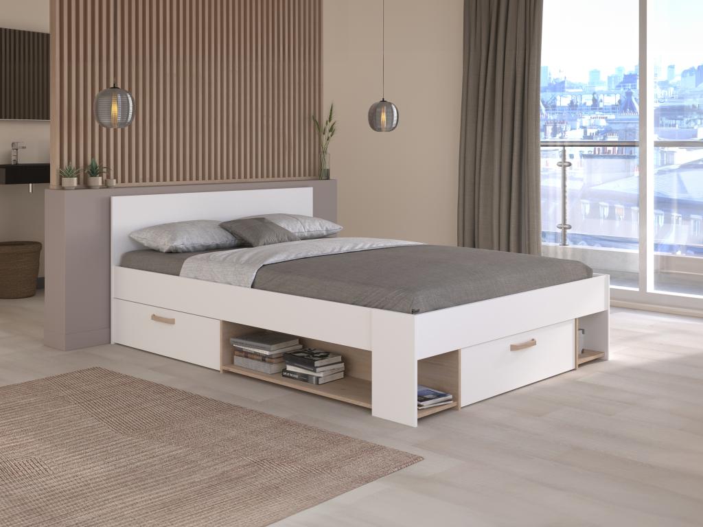 Bett 140 x 190/200 cm mit Stauraum - Weiß & Holzfarben + Bettgestell + Matr günstig online kaufen