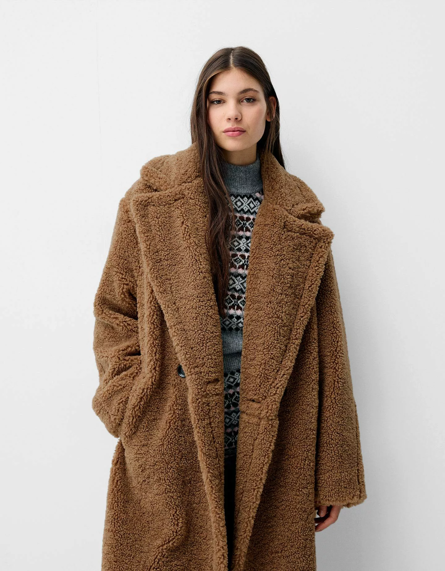 Bershka Langer Mantel Aus Lammfellimitat Damen Xs Camel günstig online kaufen