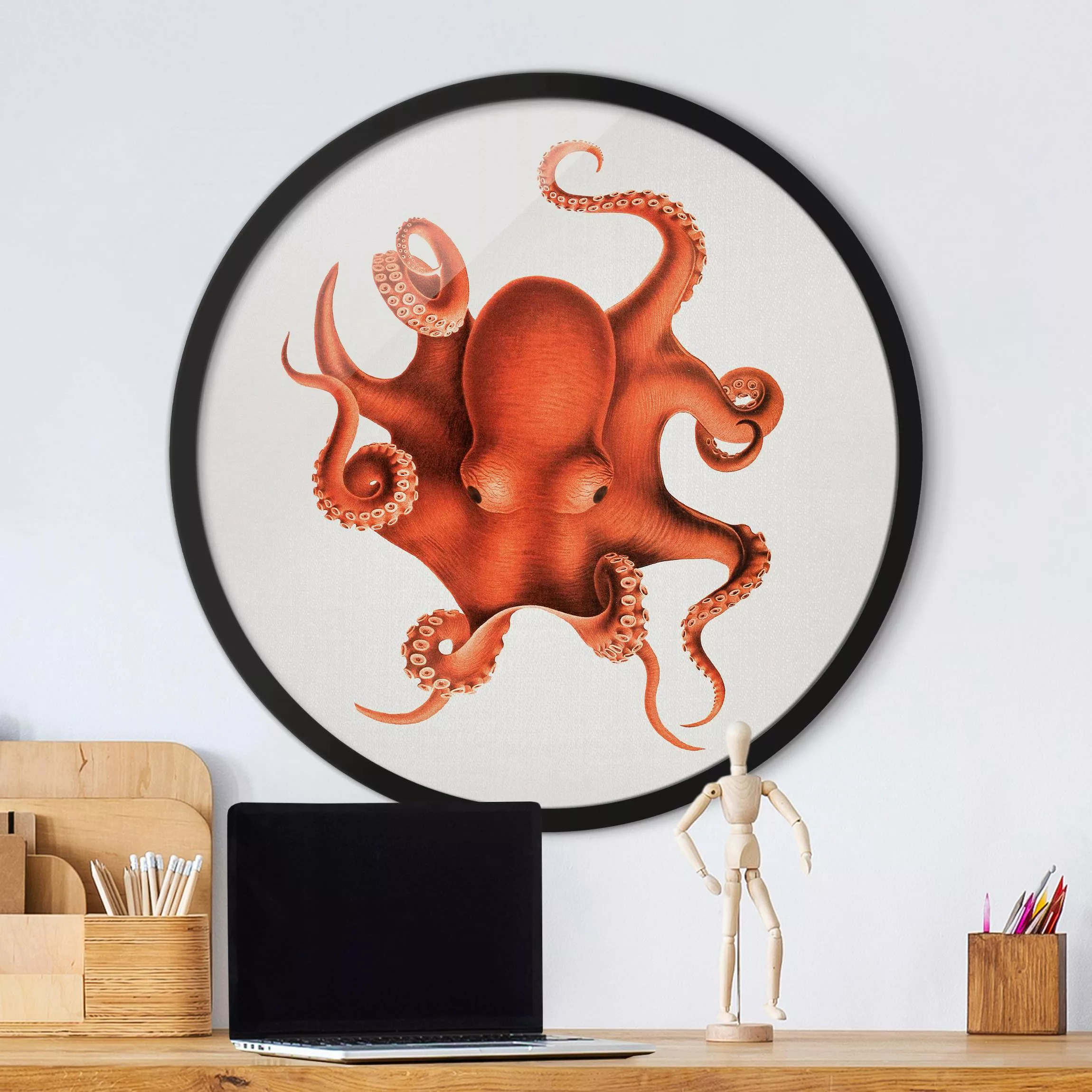 Rundes Gerahmtes Bild Vintage Illustration Roter Oktopus günstig online kaufen