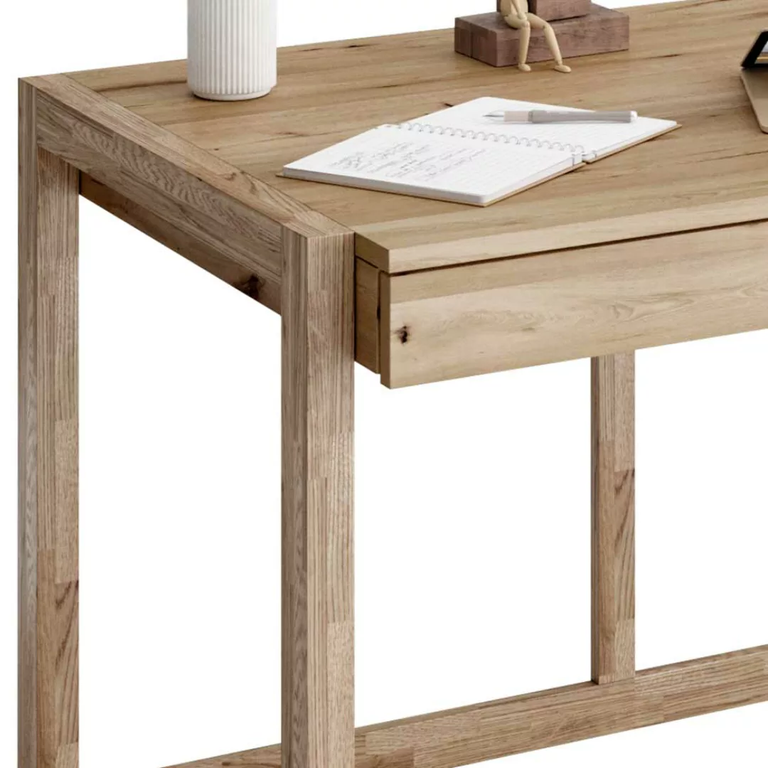 Schubladen Schreibtisch aus Wildeiche Massivholz Bügelgestell günstig online kaufen