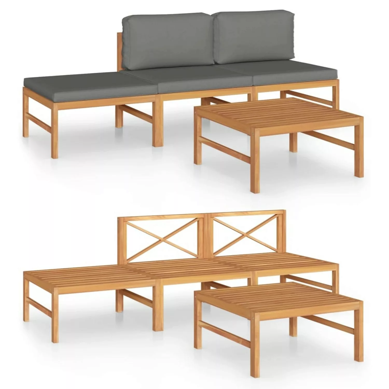 4-tlg. Garten-lounge-set Mit Grauen Kissen Massivholz Teak günstig online kaufen