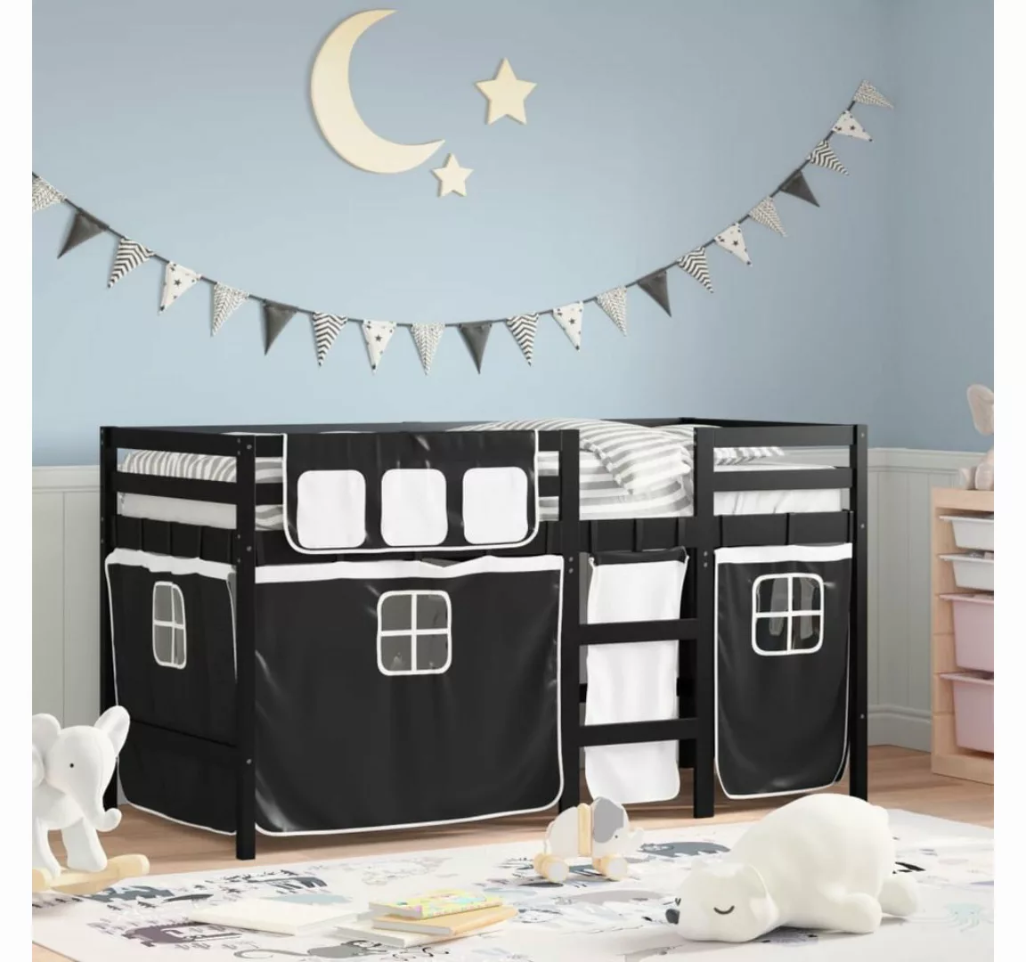 vidaXL Bett Kinderhochbett mit Vorhängen Weiß und Schwarz Massivholz Kiefer günstig online kaufen