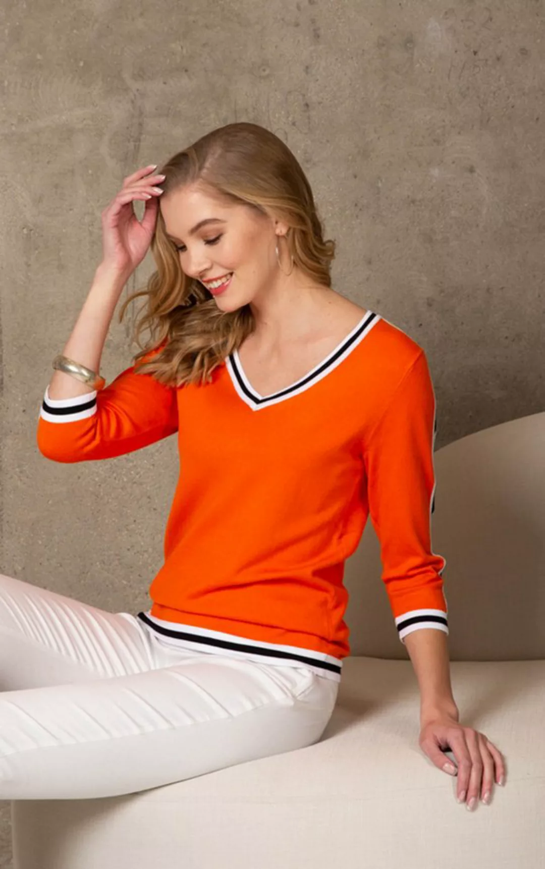Passioni 3/4 Arm-Pullover Orangener Sommerpullover mit Schwarz-Weiß Details günstig online kaufen