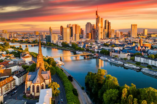 Papermoon Fototapete »FRANKFURT-MAIN SKYLINE WOLKENKRATZER BRÜCKE FLUSS SON günstig online kaufen