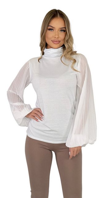 Mississhop Langarmbluse Damen Bluse Chiffon Rollkragen mit plissierten Ärme günstig online kaufen