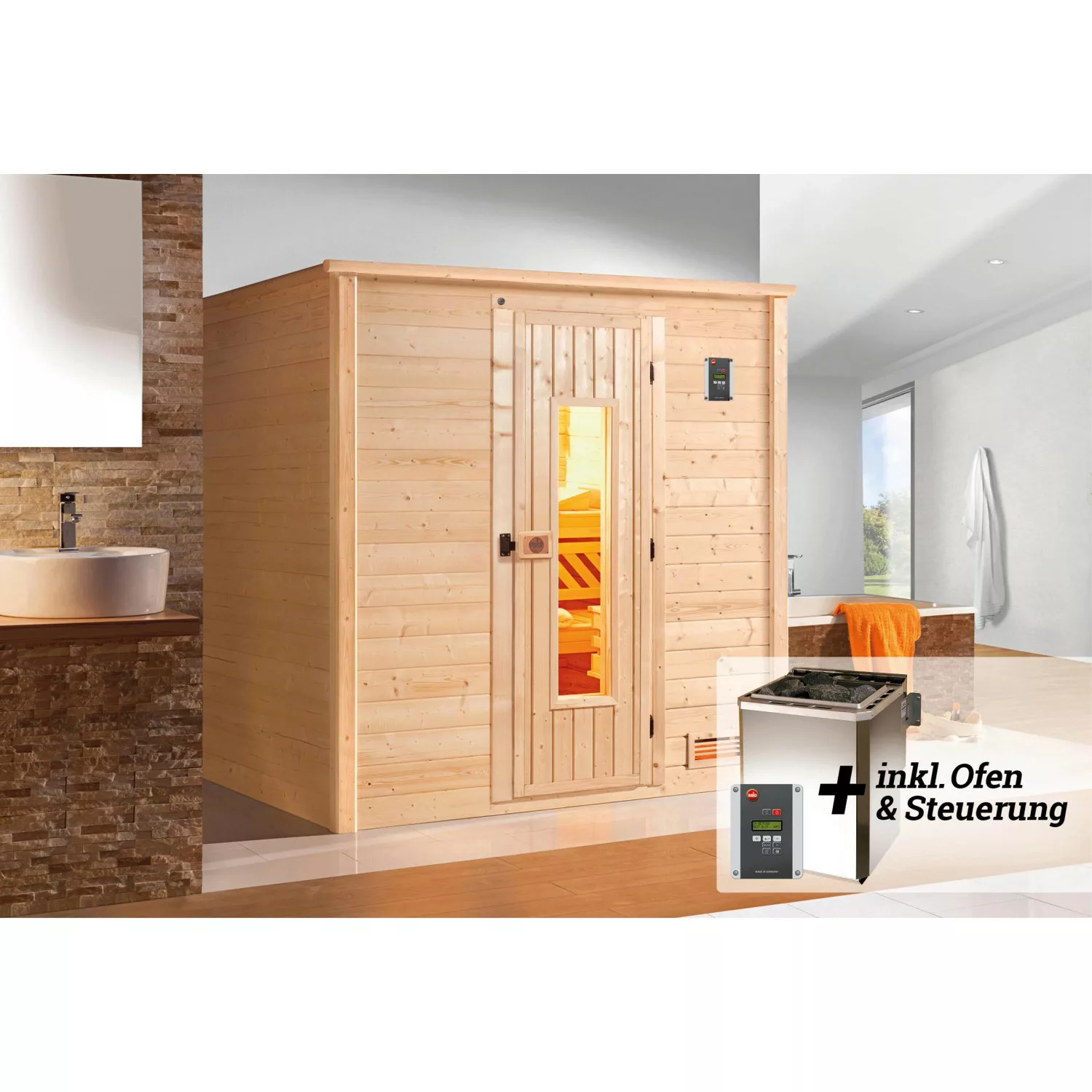 Weka Premium Massivholz-Sauna Bergen 1 Sparset 7,5 kW BioS digi. Strg Holzt günstig online kaufen