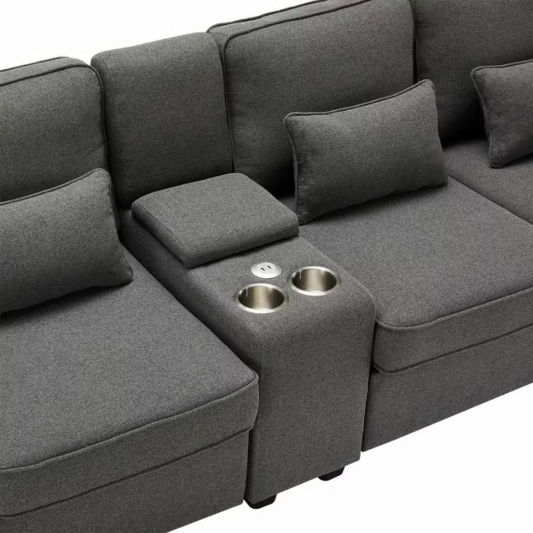 OKWISH Sofa 4-Sitzer-Schlafsofa aus Leinenstoff, mit Konsole, 2 Getränkehal günstig online kaufen