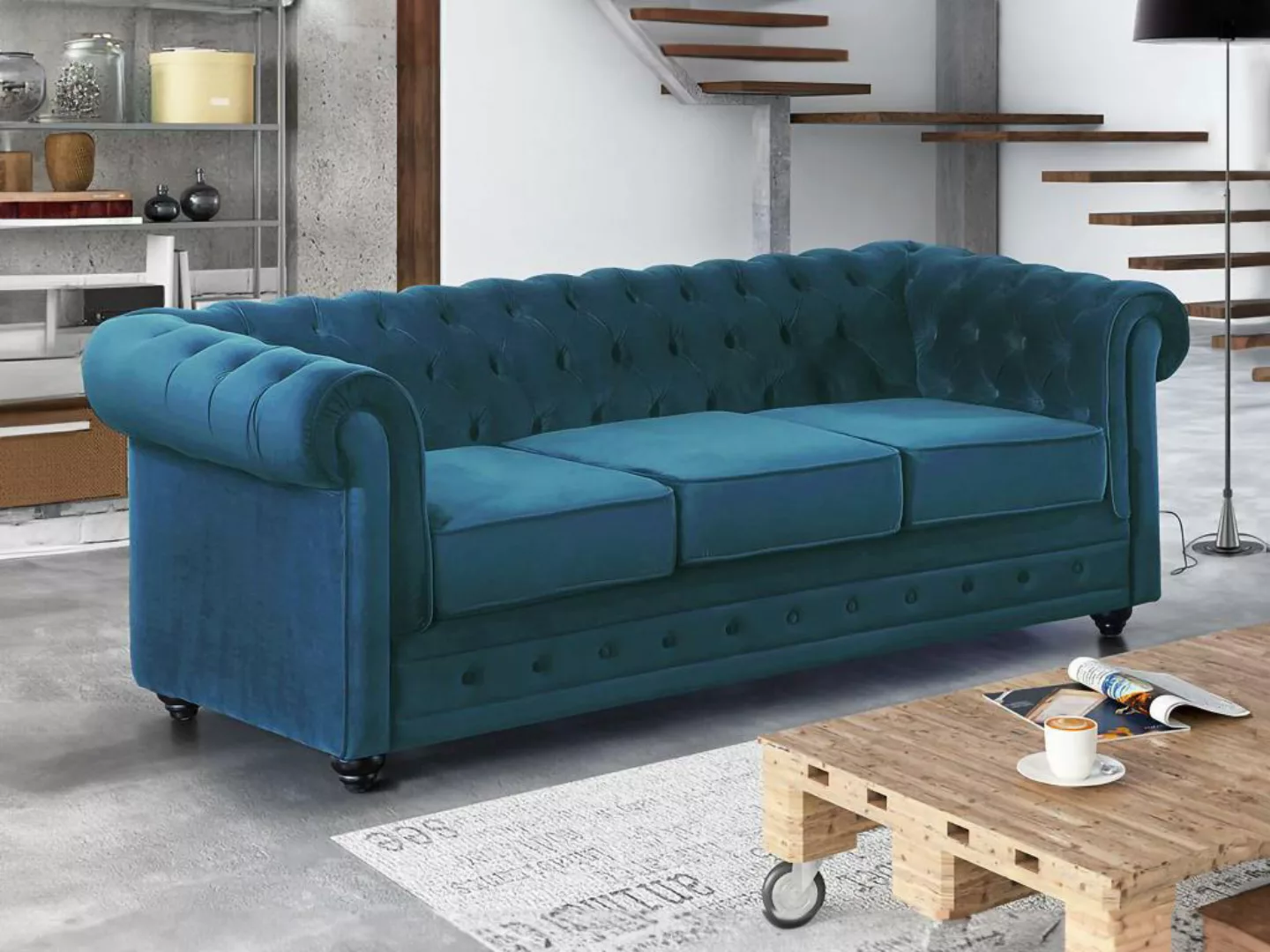 Sofa 3-Sitzer - Samt - Grünblau - CHESTERFIELD günstig online kaufen
