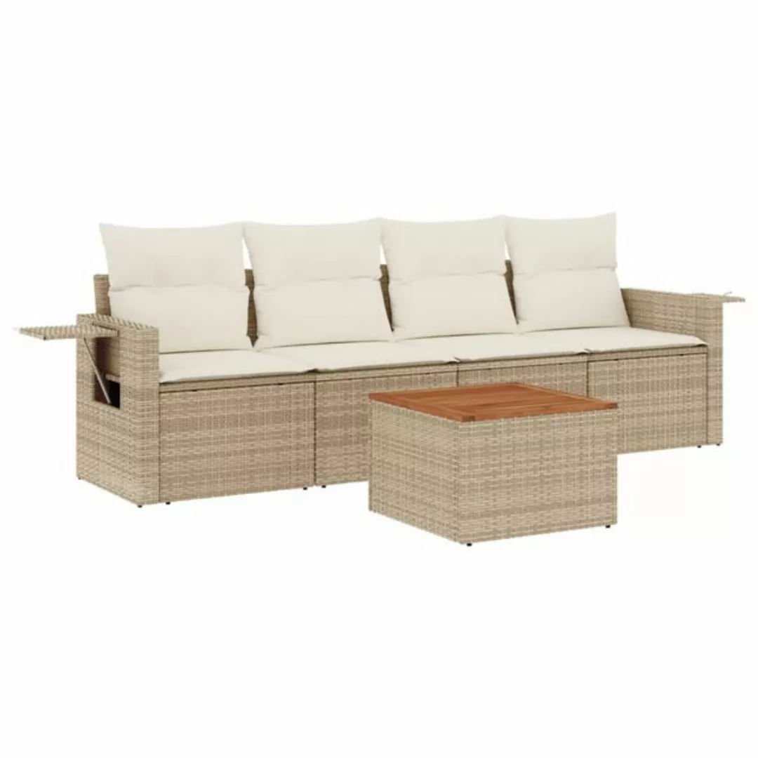 vidaXL Sofaelement 5-tlg. Garten-Sofagarnitur mit Kissen Beige Poly Rattan günstig online kaufen