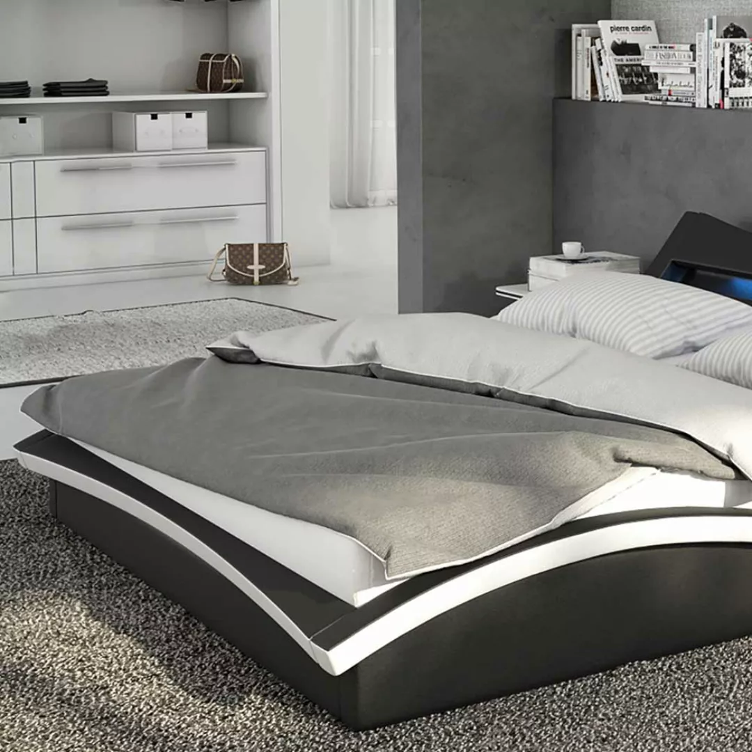 Design Bett in Schwarz und Weiß Kunstleder LED Beleuchtung günstig online kaufen