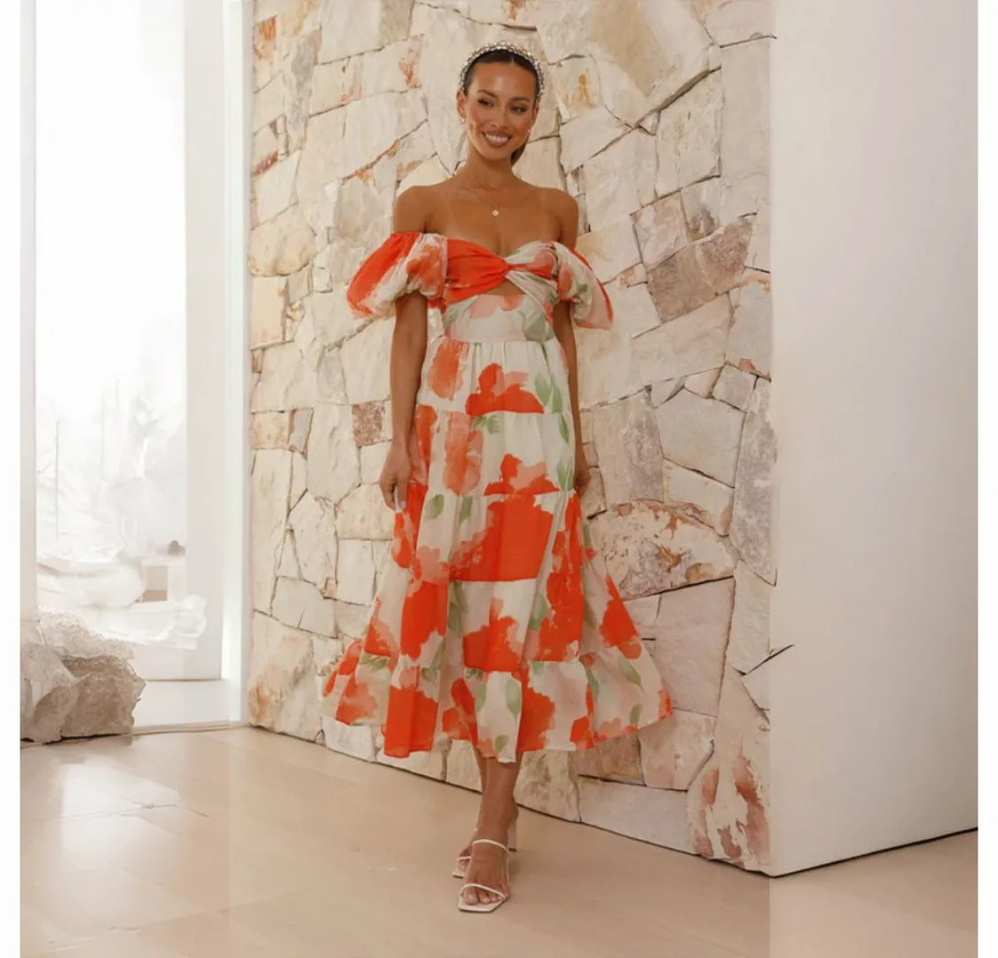 saburona Druckkleid Damenkleid mit hohlem V-Ausschnitt und bedruckten Puffä günstig online kaufen