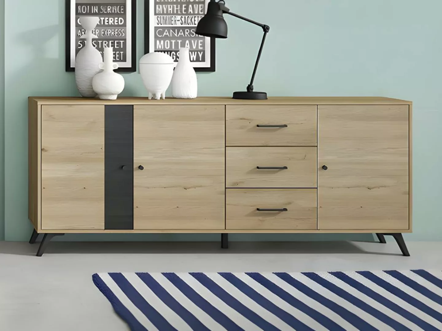 Sideboard mit 3 Schubladen & 3 Türen - Eichefarben & Schwarz - PORTLAND günstig online kaufen