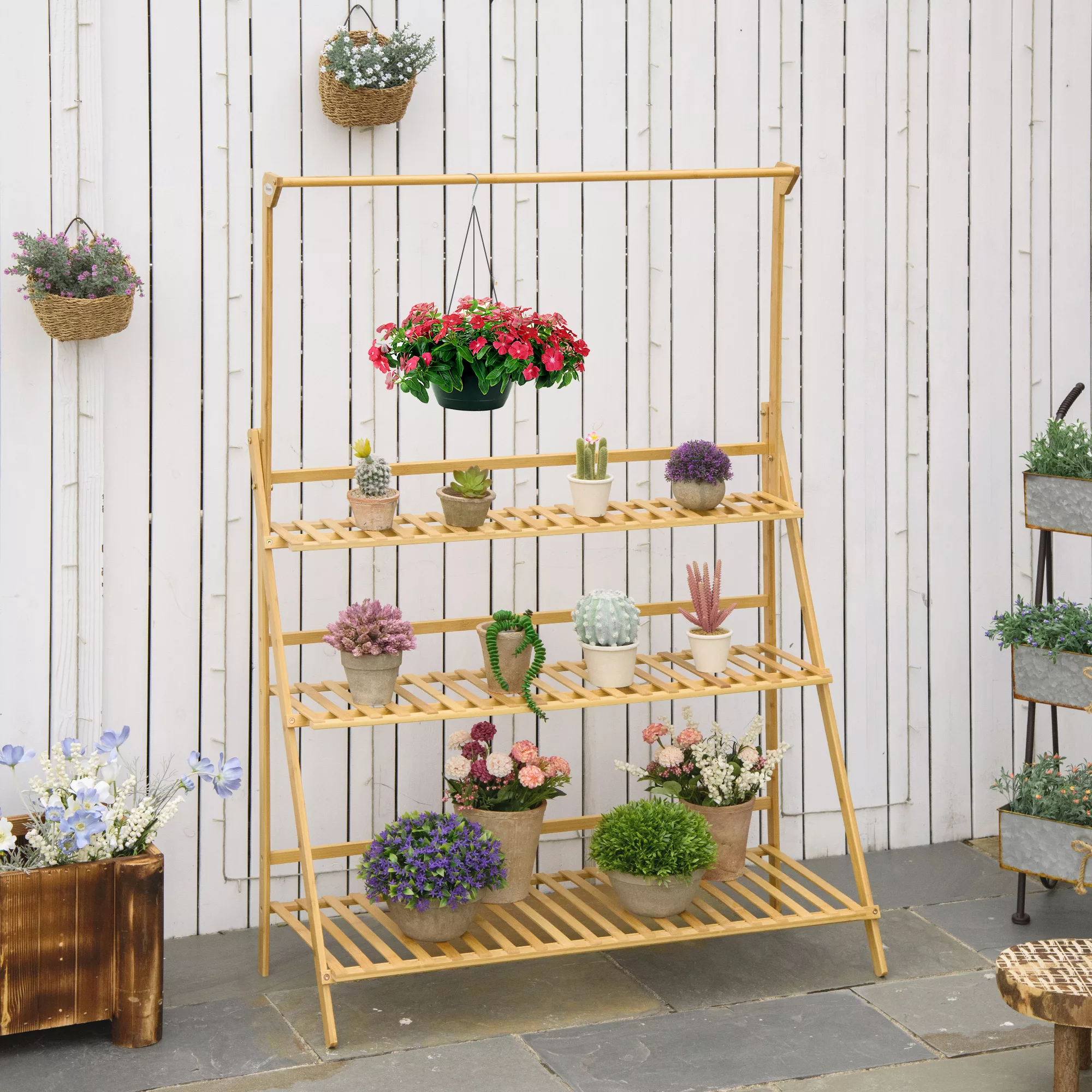 Outsunny Blumentreppe Holz  Großes Leiterregal mit einstellbarer Hängehöhe, günstig online kaufen