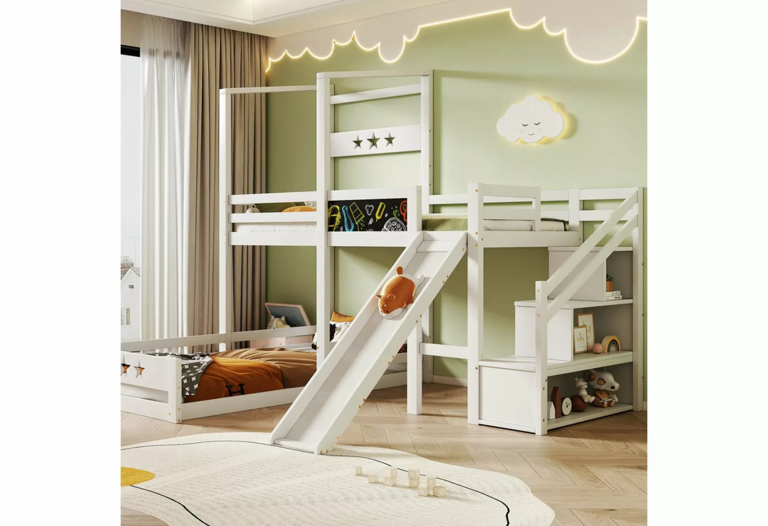 MODFU Kinderbett Etagenbett mit Tafel und Rutsche (90x200 cm Einzelbett mit günstig online kaufen