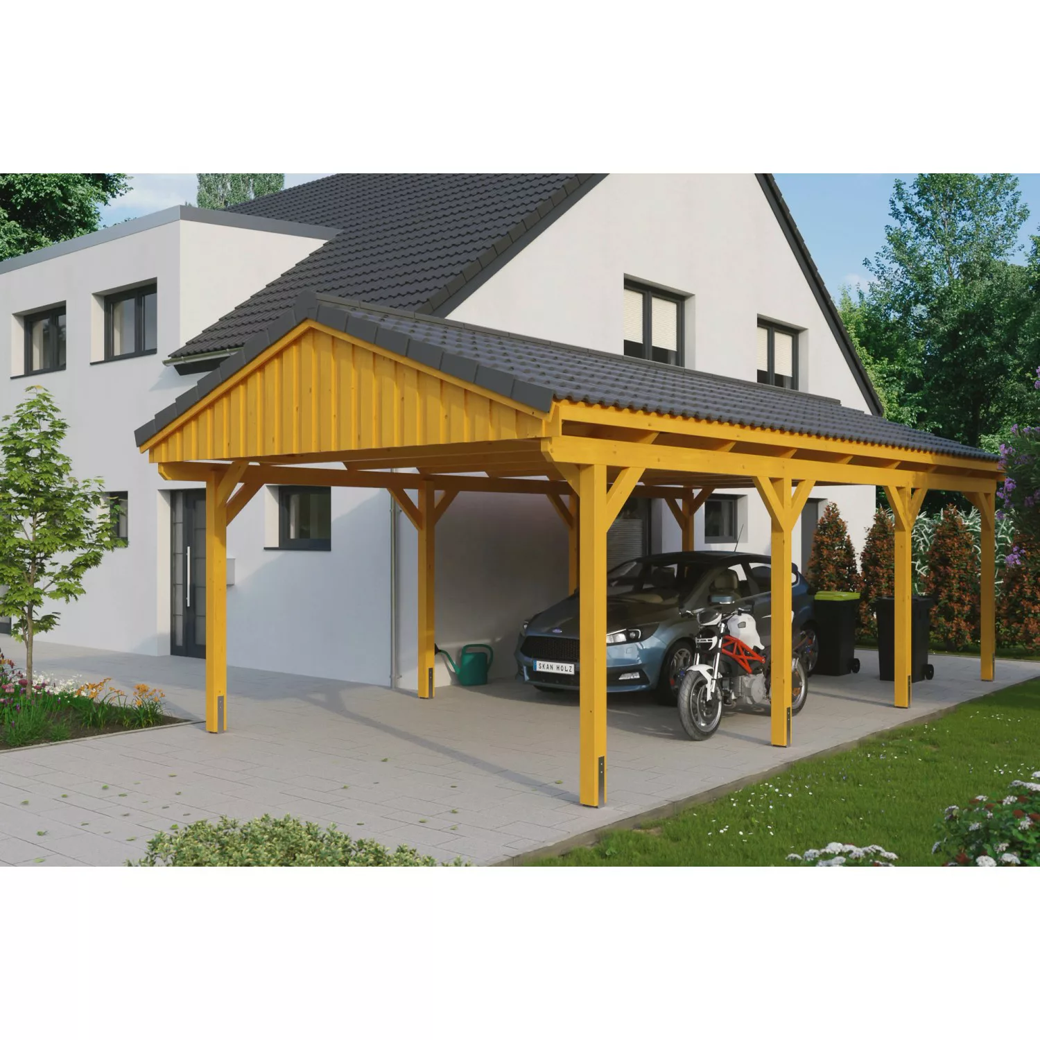 Skan Holz Carport Fichtelberg 423 cm x 808 cm Dachlattung Eiche Hell günstig online kaufen