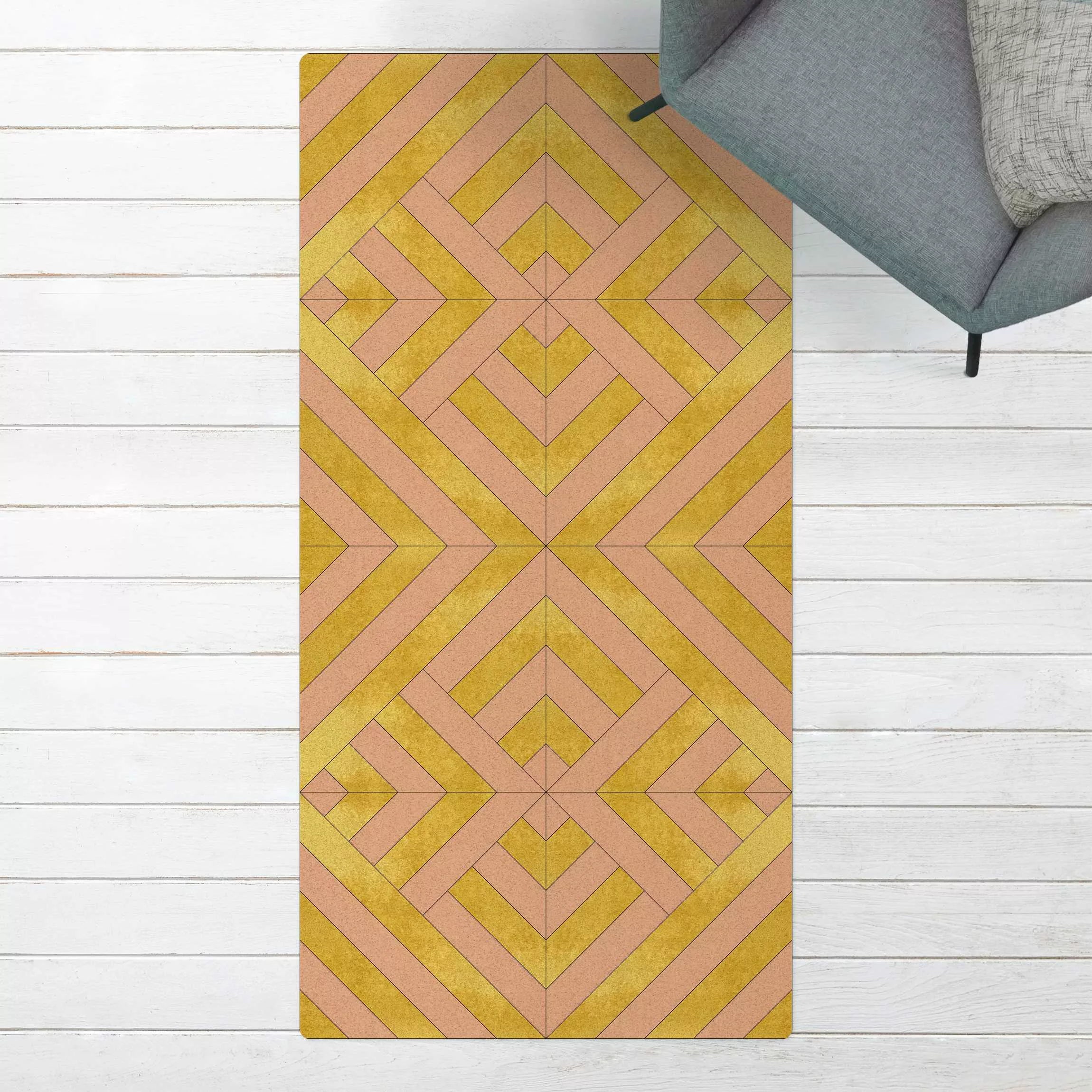 Kork-Teppich Geometrischer Fliesenmix Art Deco Gold günstig online kaufen