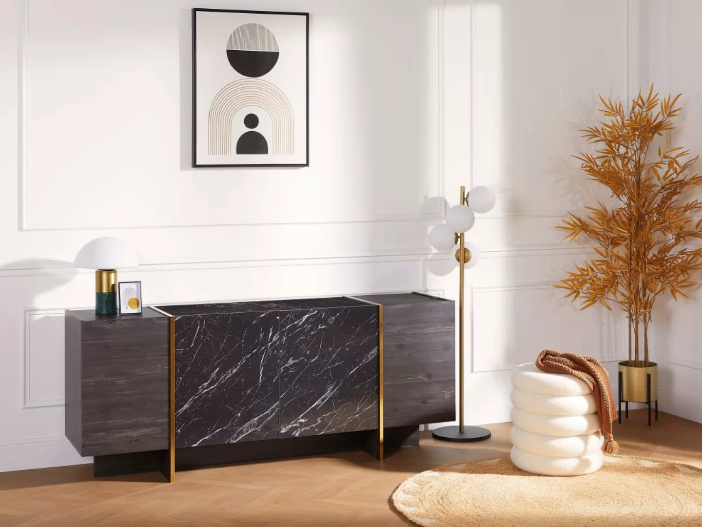 Sideboard mit 4 Türen - Marmor-Optik Schwarz & Goldfarben - CADEBA günstig online kaufen