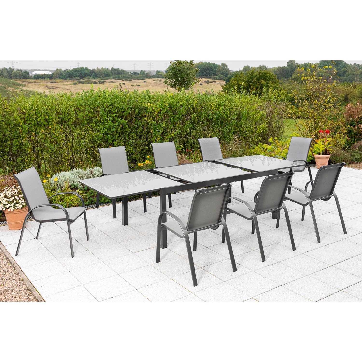 Merxx Amalfi Set 9 -tlg. 8 Stapelsessel Auszieh-Gartentisch 200 (300)x100cm günstig online kaufen