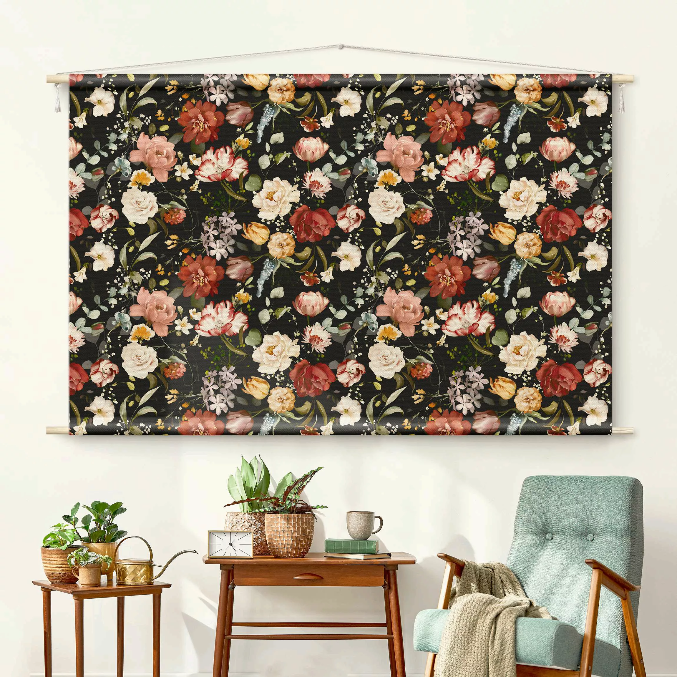 Wandteppich Blumen Aquarell Vintage Muster auf Schwarz günstig online kaufen