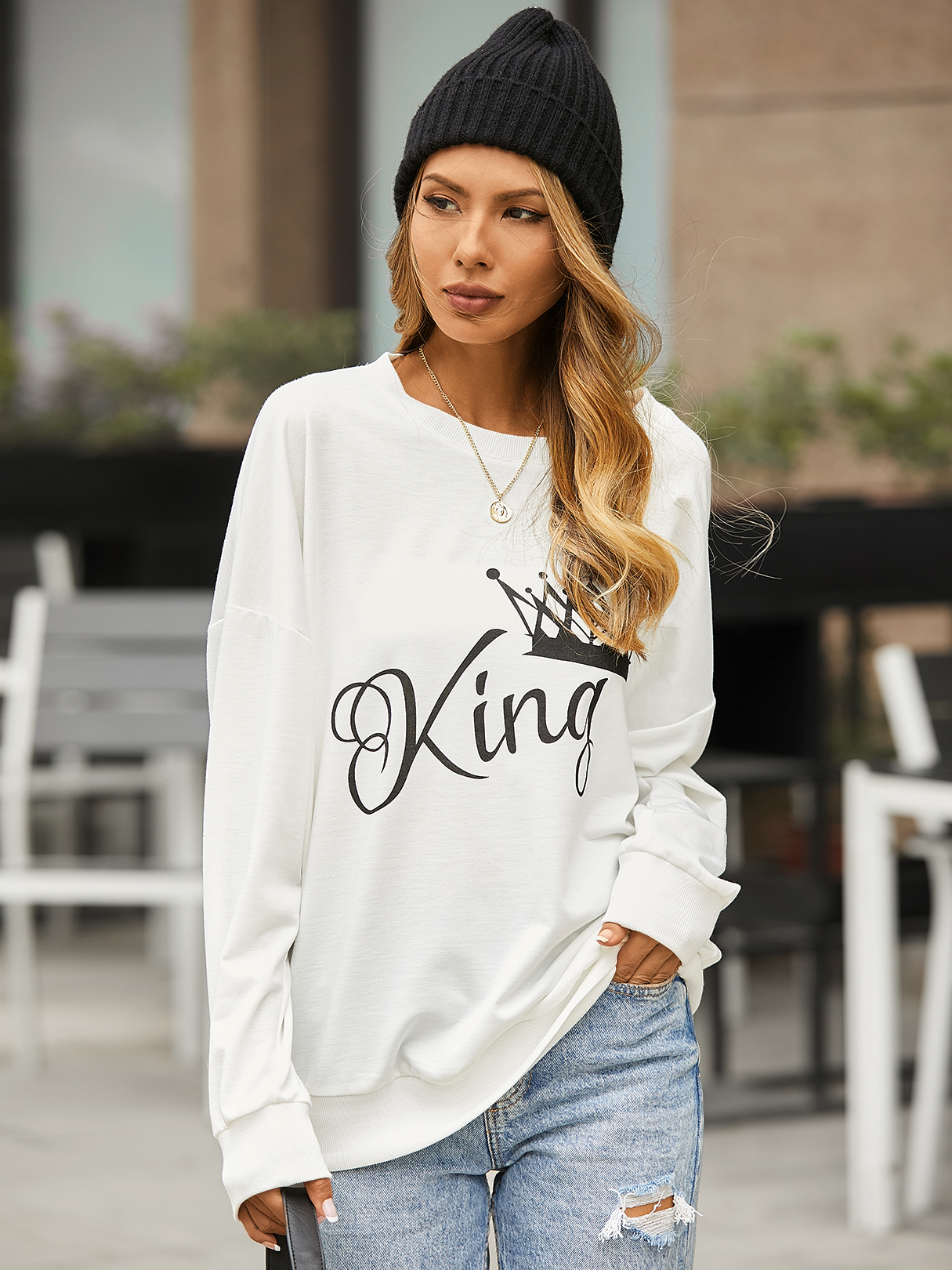 YOINS Crown & Letter Langarm-Sweatshirt mit Rundhalsausschnitt günstig online kaufen
