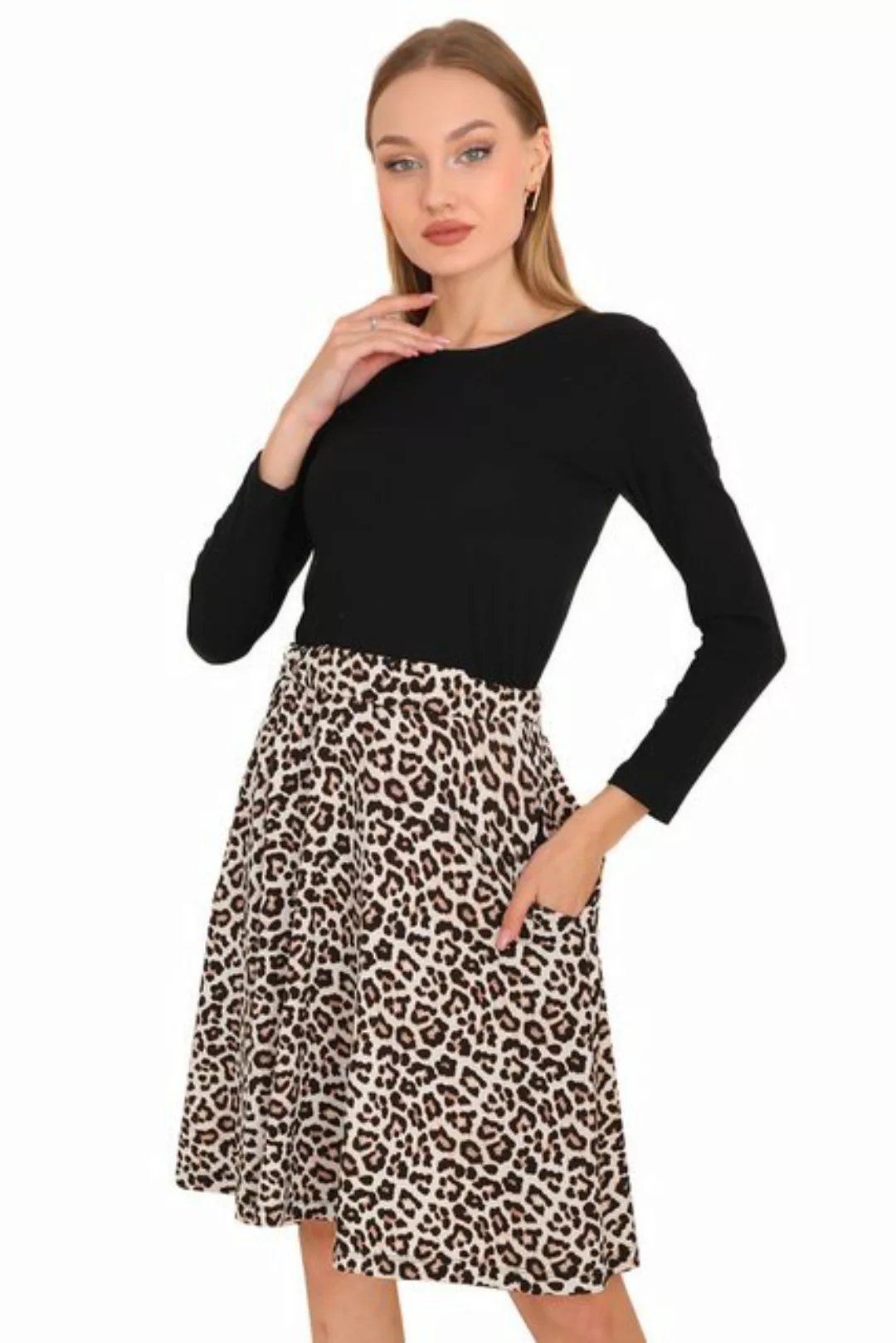 Bongual Jerseykleid 2-in-1 Midikleid Langarm Leopard Muster mit Taschen günstig online kaufen
