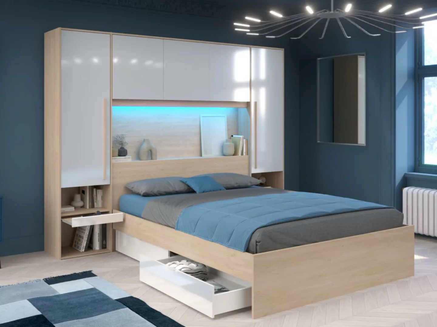 Bett mit Stauraum 160 x 200 cm mit LED-Beleuchtung - Holzfarben & glänzend günstig online kaufen
