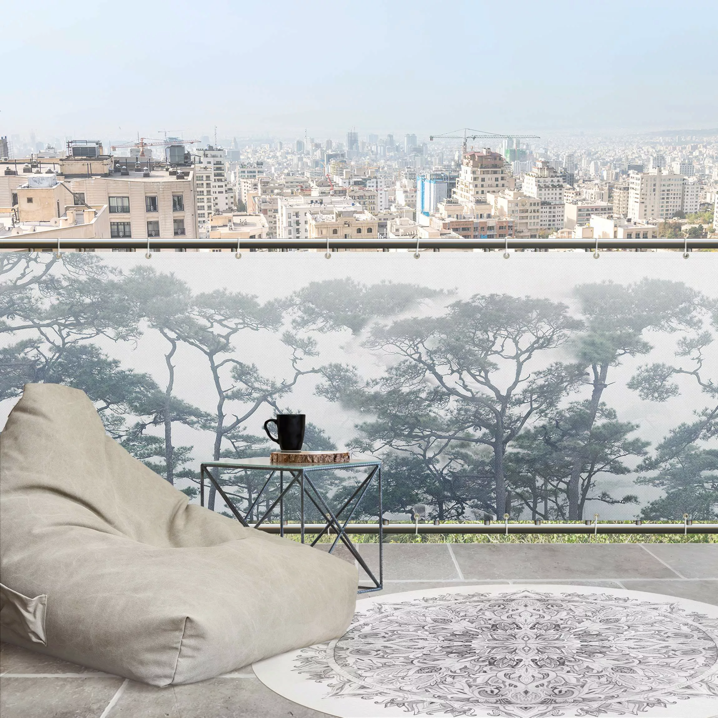 Balkon Sichtschutz Baumkronen im Nebel günstig online kaufen