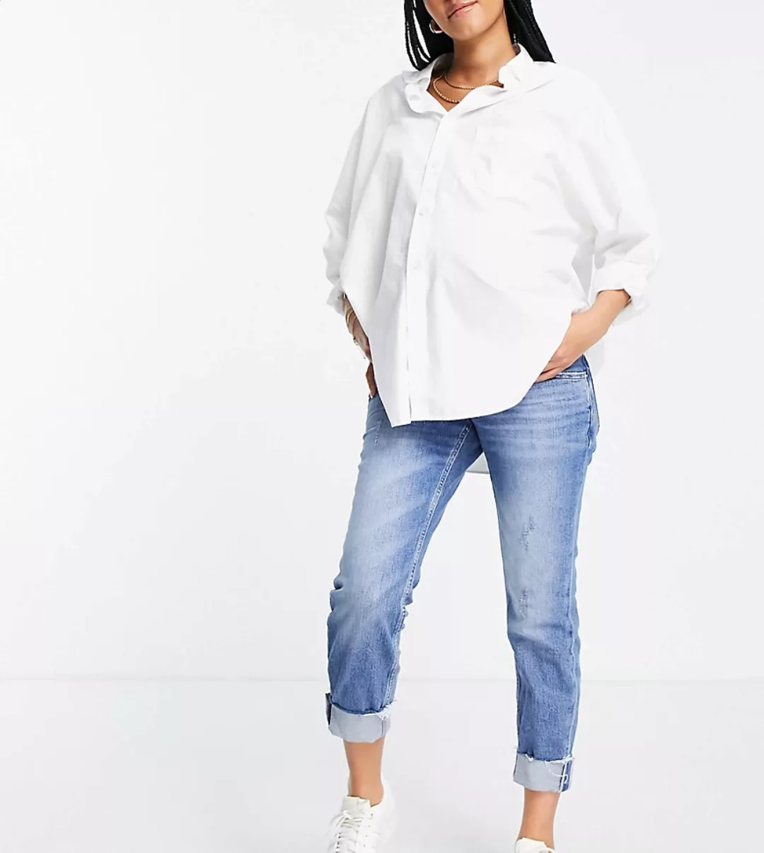 River Island Maternity – Mom-Jeans in Mittelblau mit Umschlagsaum günstig online kaufen