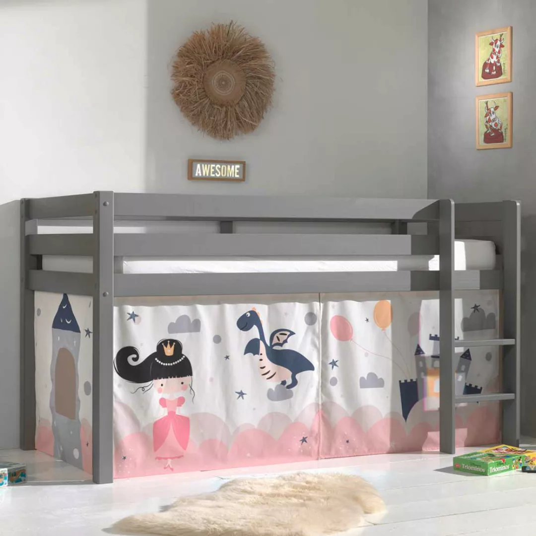 Halbhohes Kinderbett aus Kiefer Massivholz Grau mit Prinzessin Vorhang günstig online kaufen