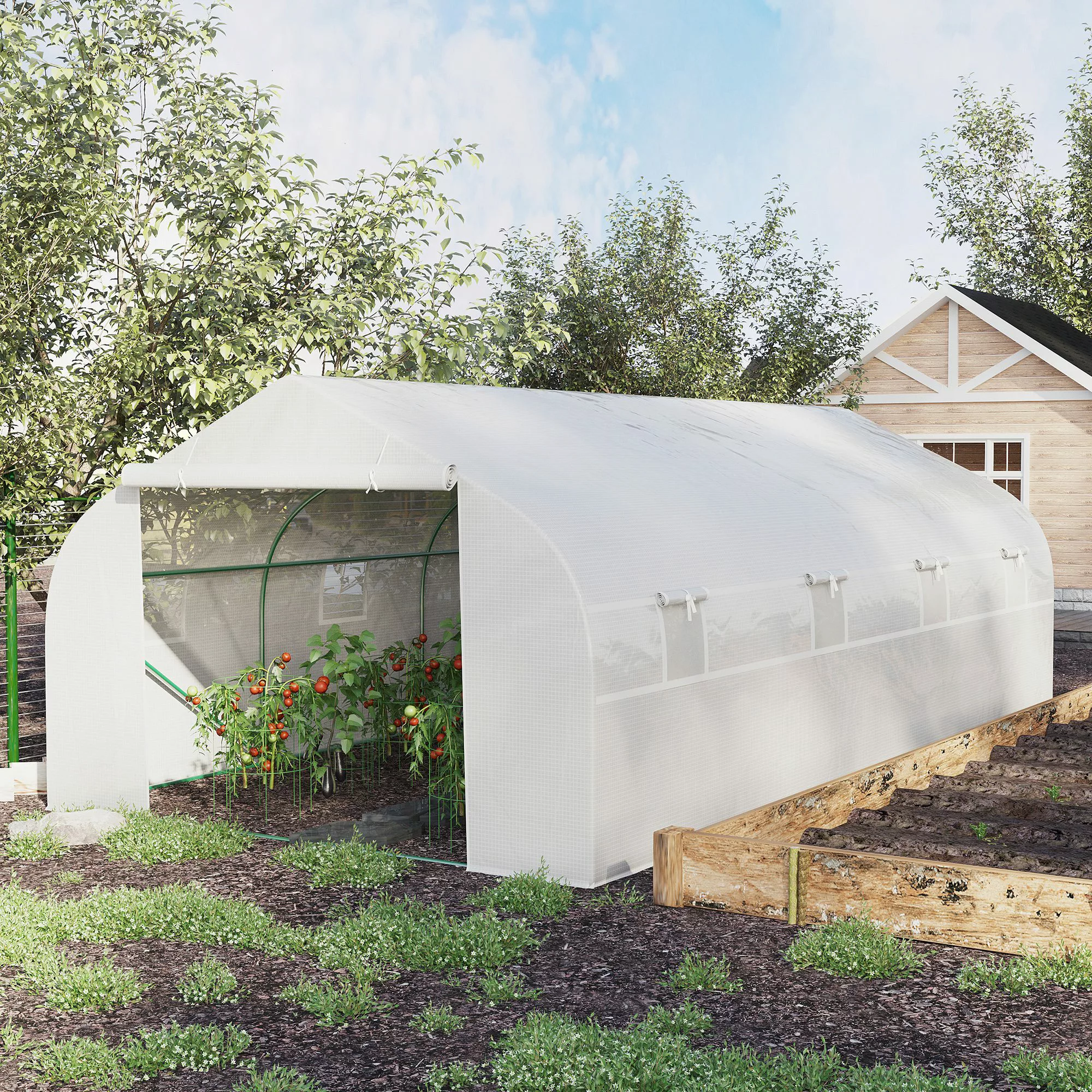 Outsunny Garten-Tunnelgewächshaus Maße 6 x 3 x 2 m Tür + 8 aufrollbare Fens günstig online kaufen